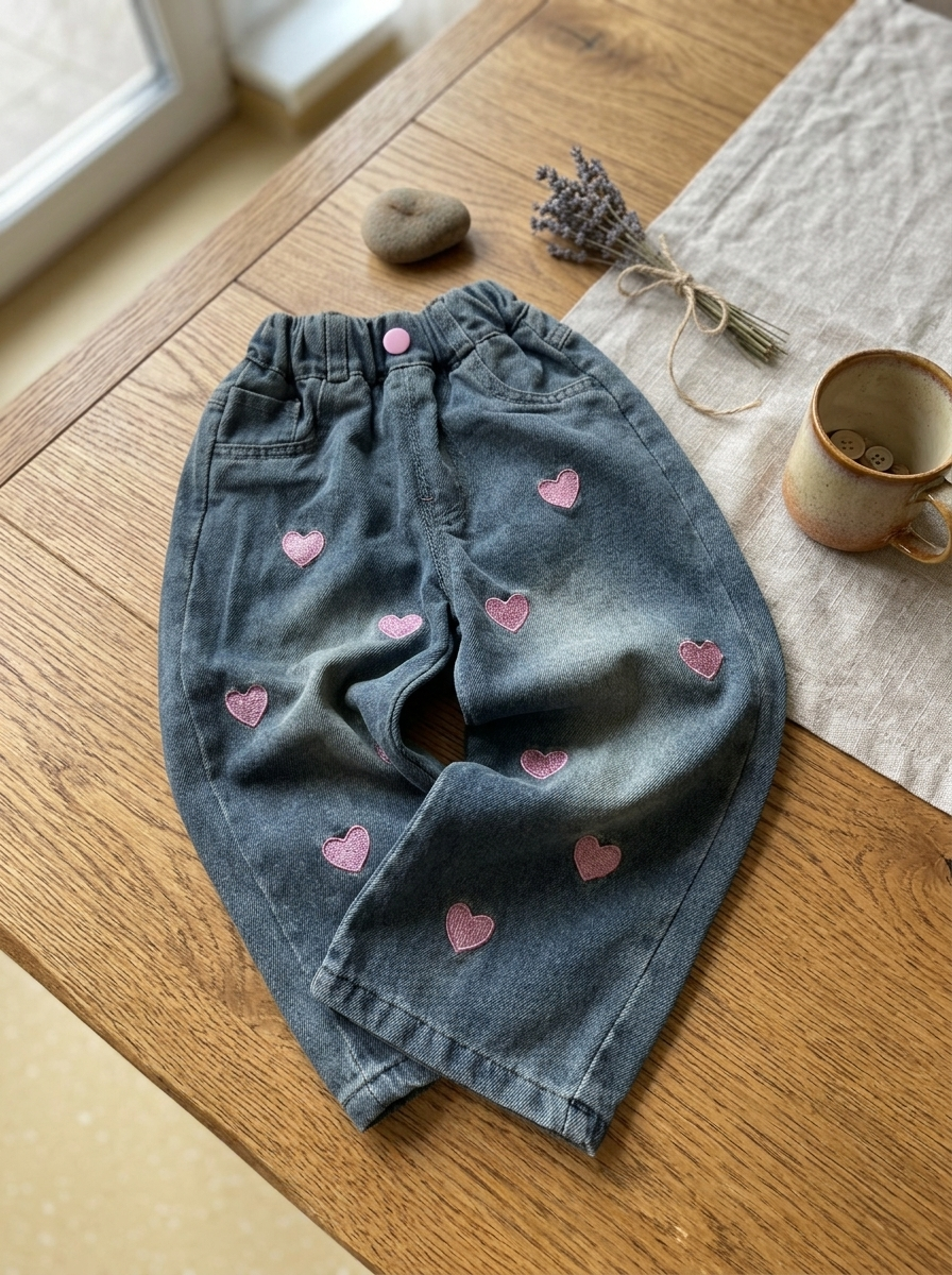 粉愛心刺繡 牛仔長褲