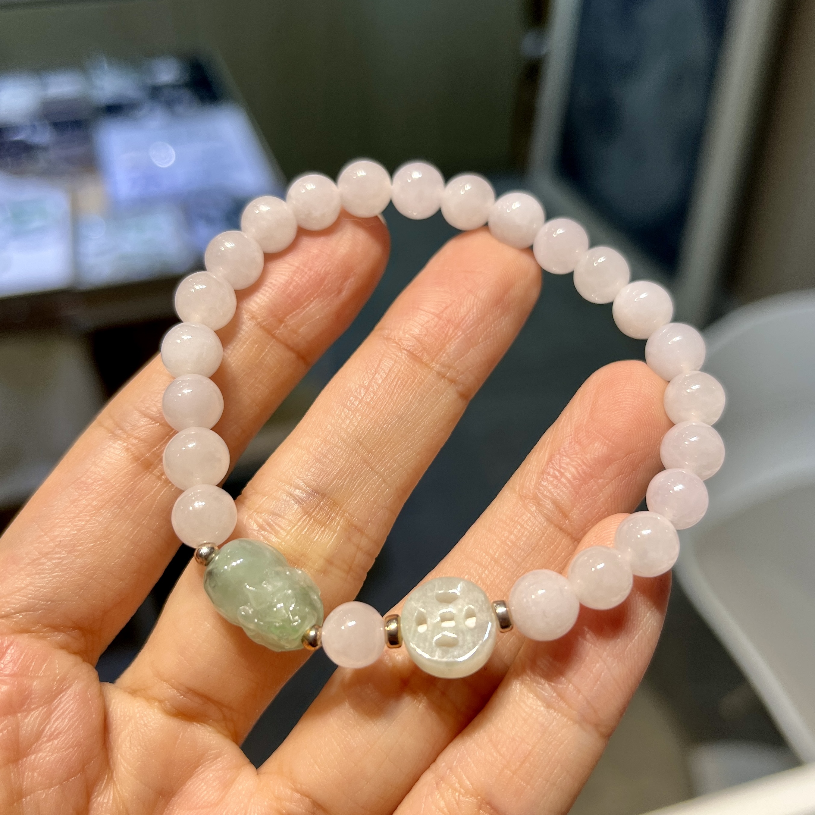 冰白翡翠背翡翠貔貅銅錢 95209 7mm