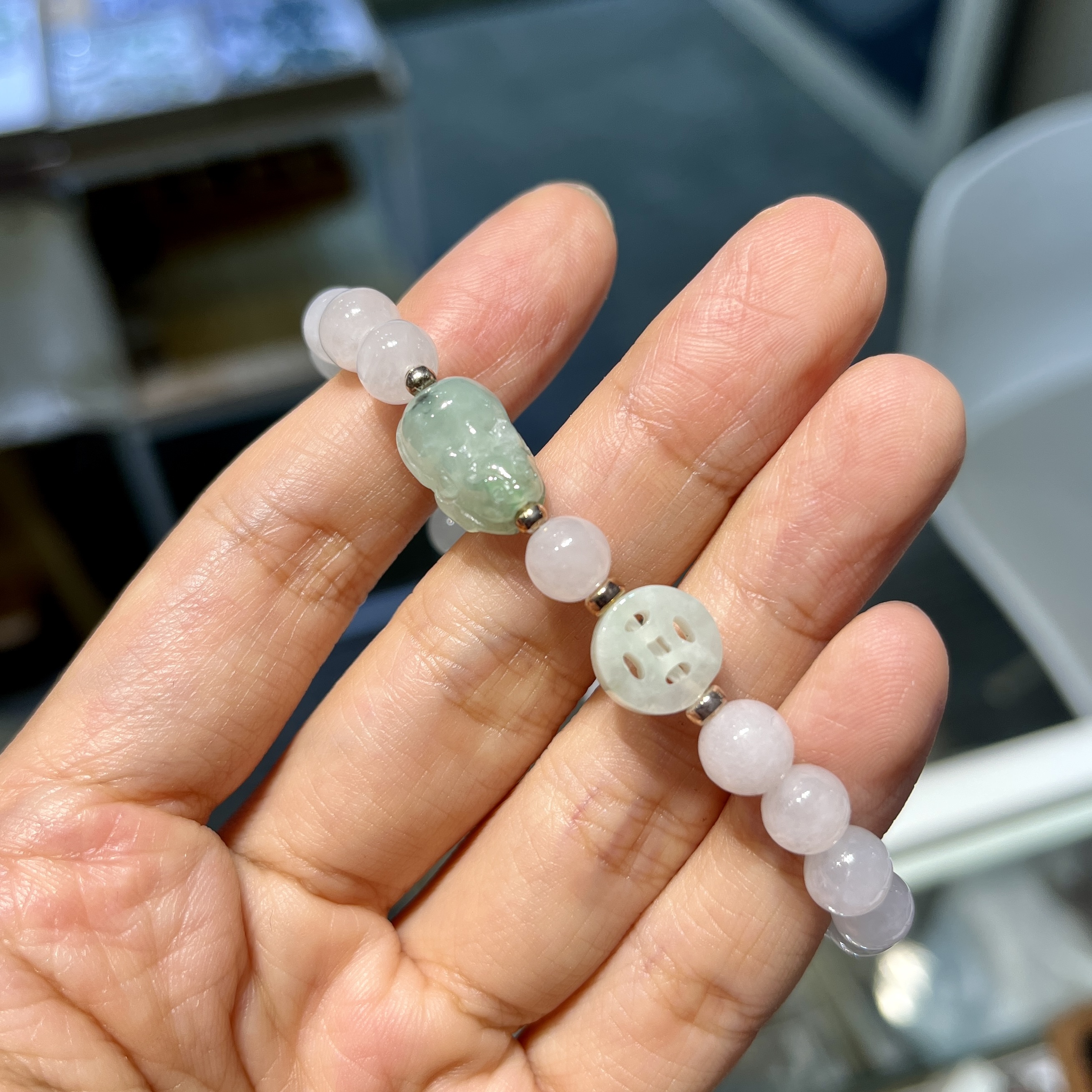 冰白翡翠背翡翠貔貅銅錢 95209 7mm