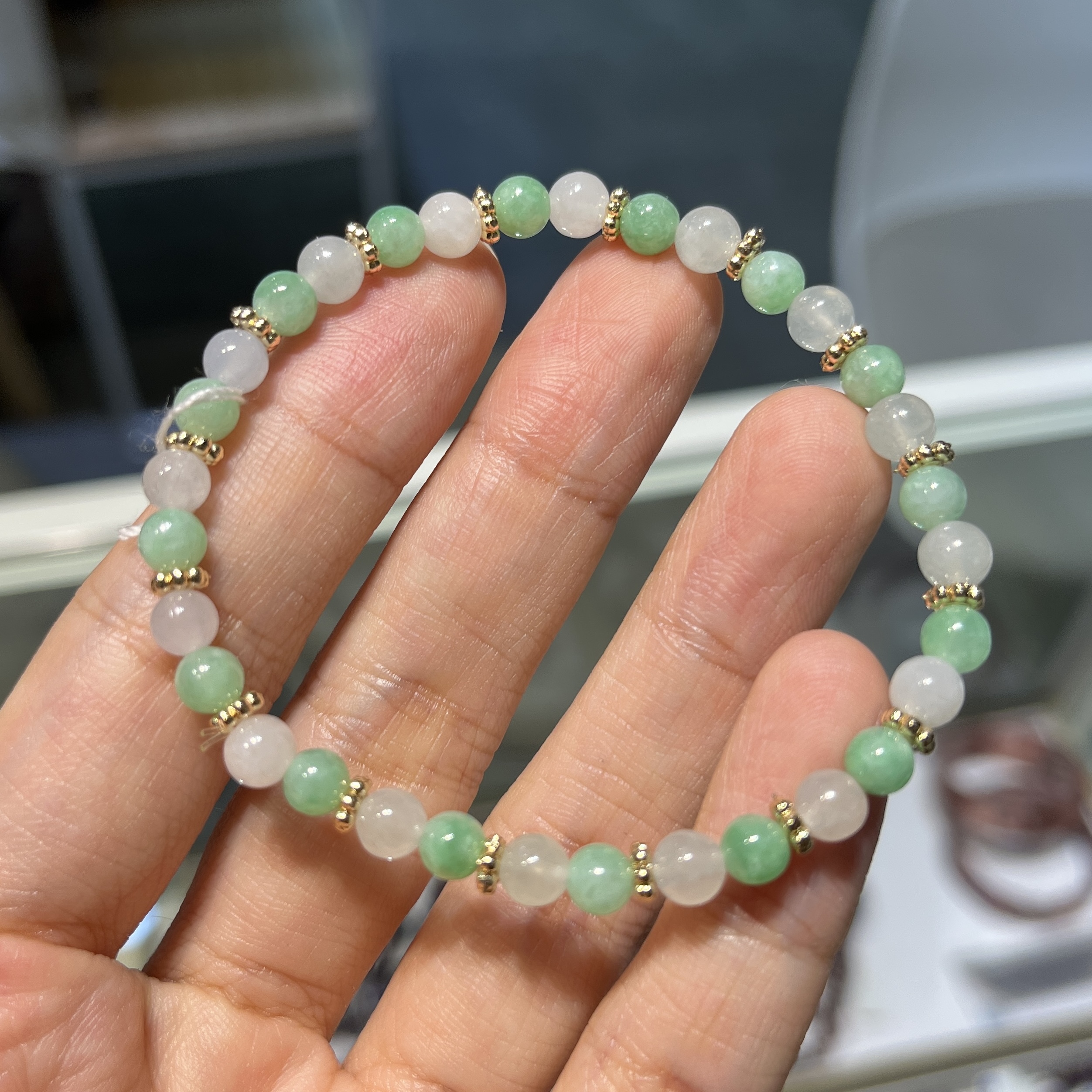 冰白色拼翠綠翡翠手串 95213 5mm
