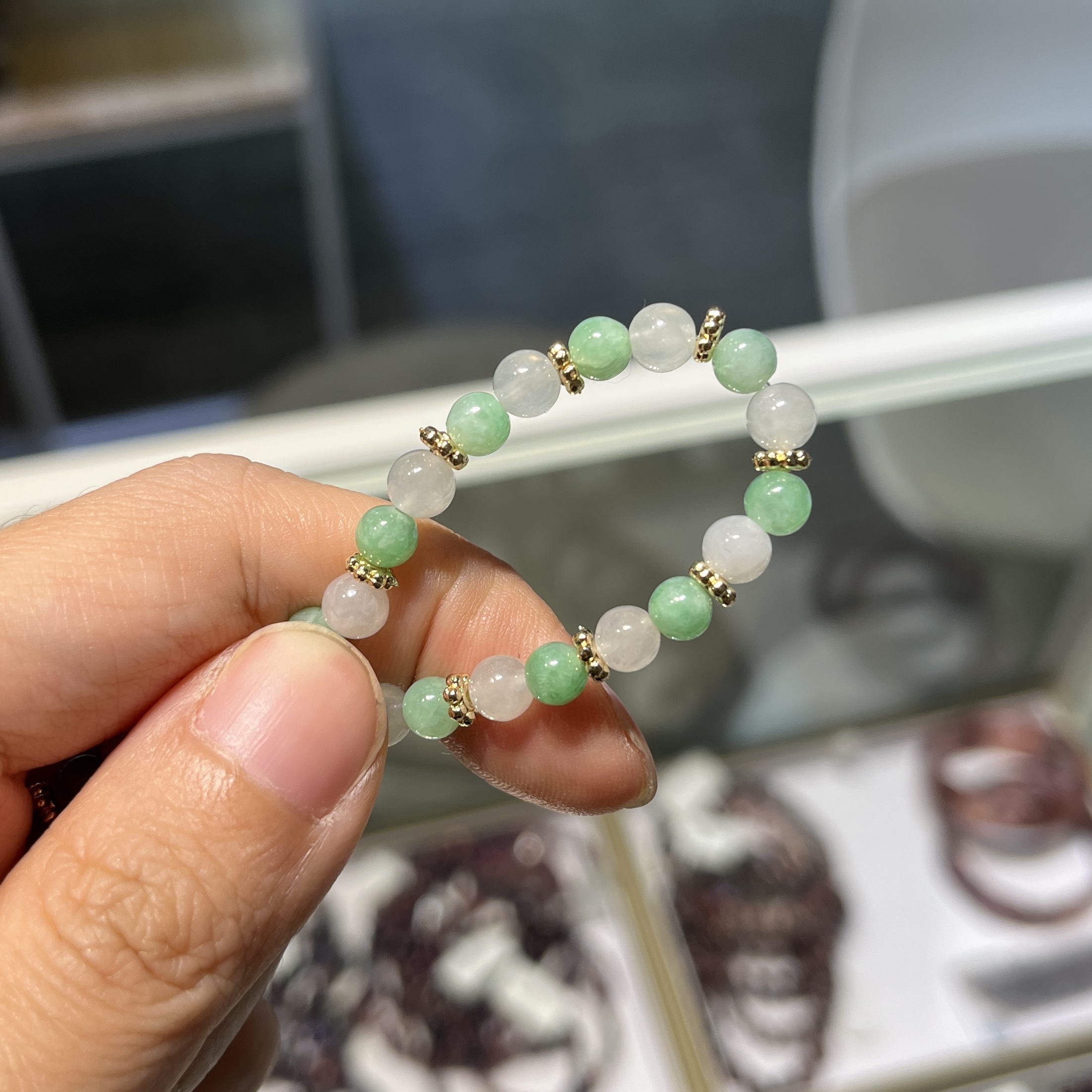 冰白色拼翠綠翡翠手串 95213 5mm