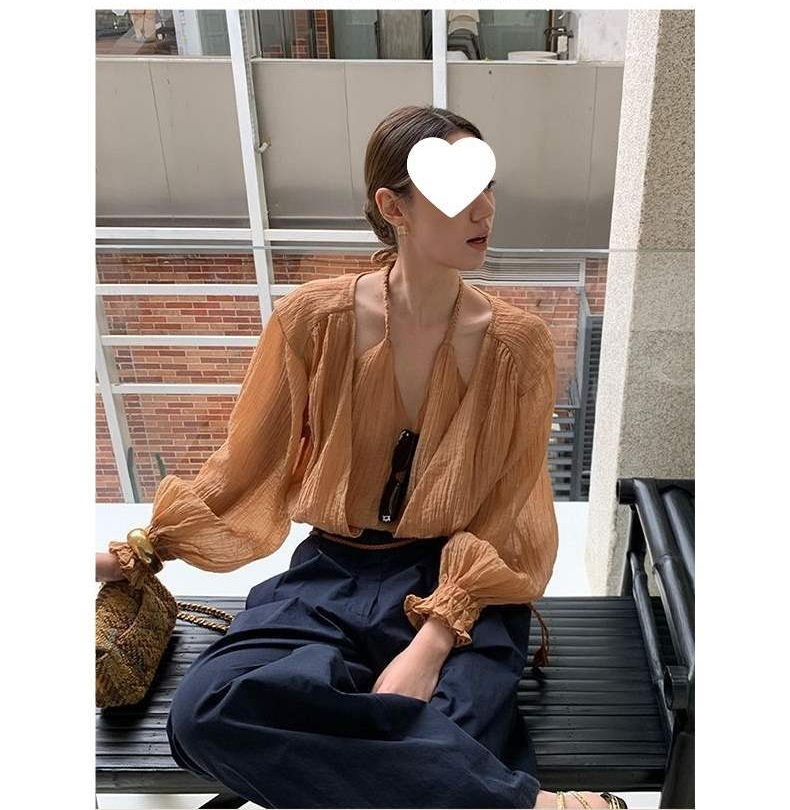 超好看! V領掛脖透膚長袖上衣