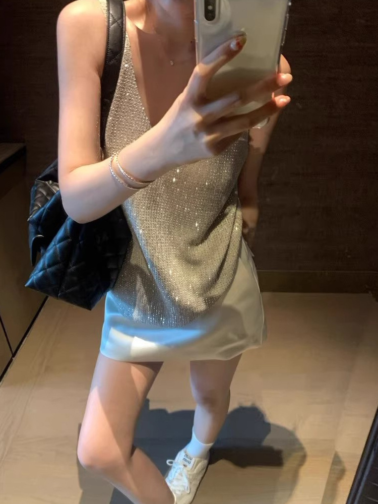 銀黑燙鑽 涼感無袖上衣