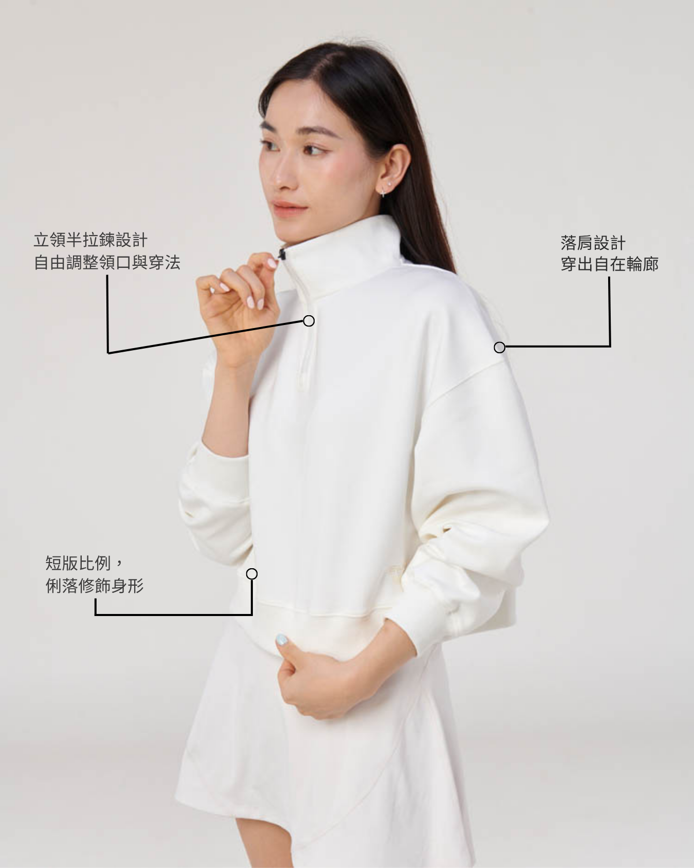 SLOWMODE 女款白色短版半拉鍊上衣 商品細節