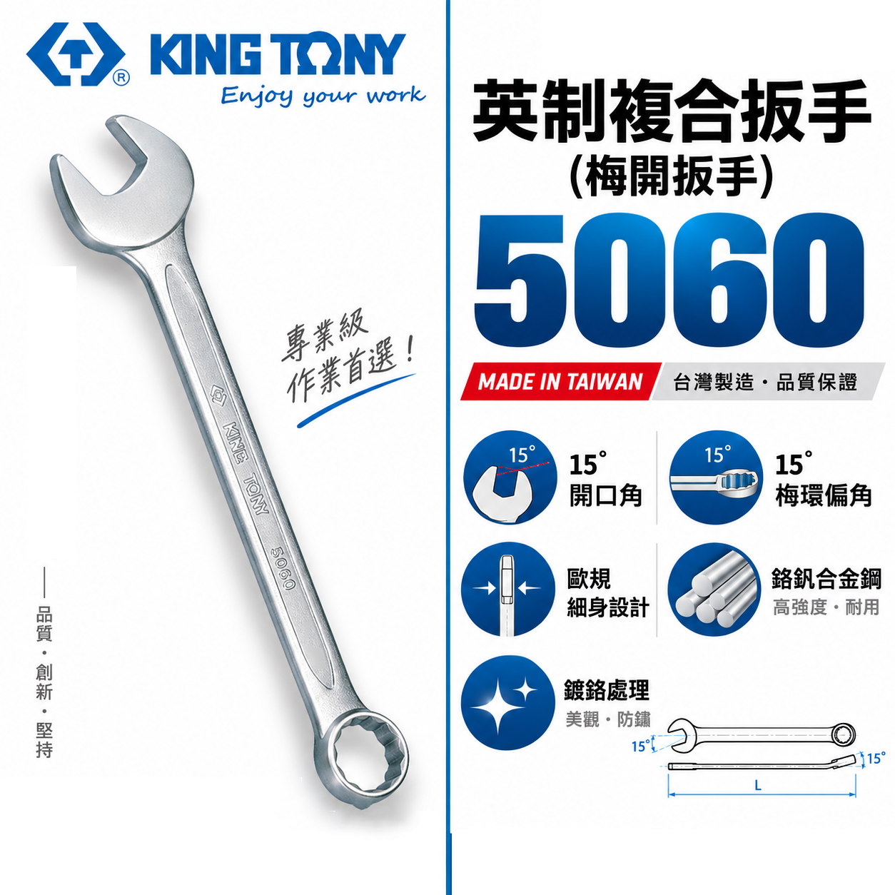KING TONY 金統立｜英制 歐式薄型梅開板手 複合扳手 梅花開口板手 15° 複合梅開扳手｜5060
