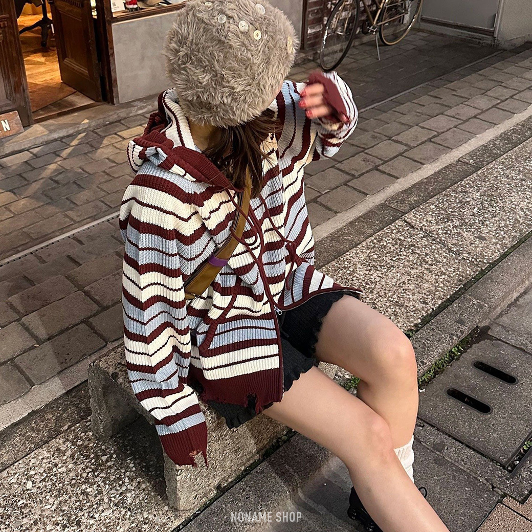 日本 CIAOPANIC 雙拉鍊 條紋 破壞 撞色 針織 外套 六色 (女款)