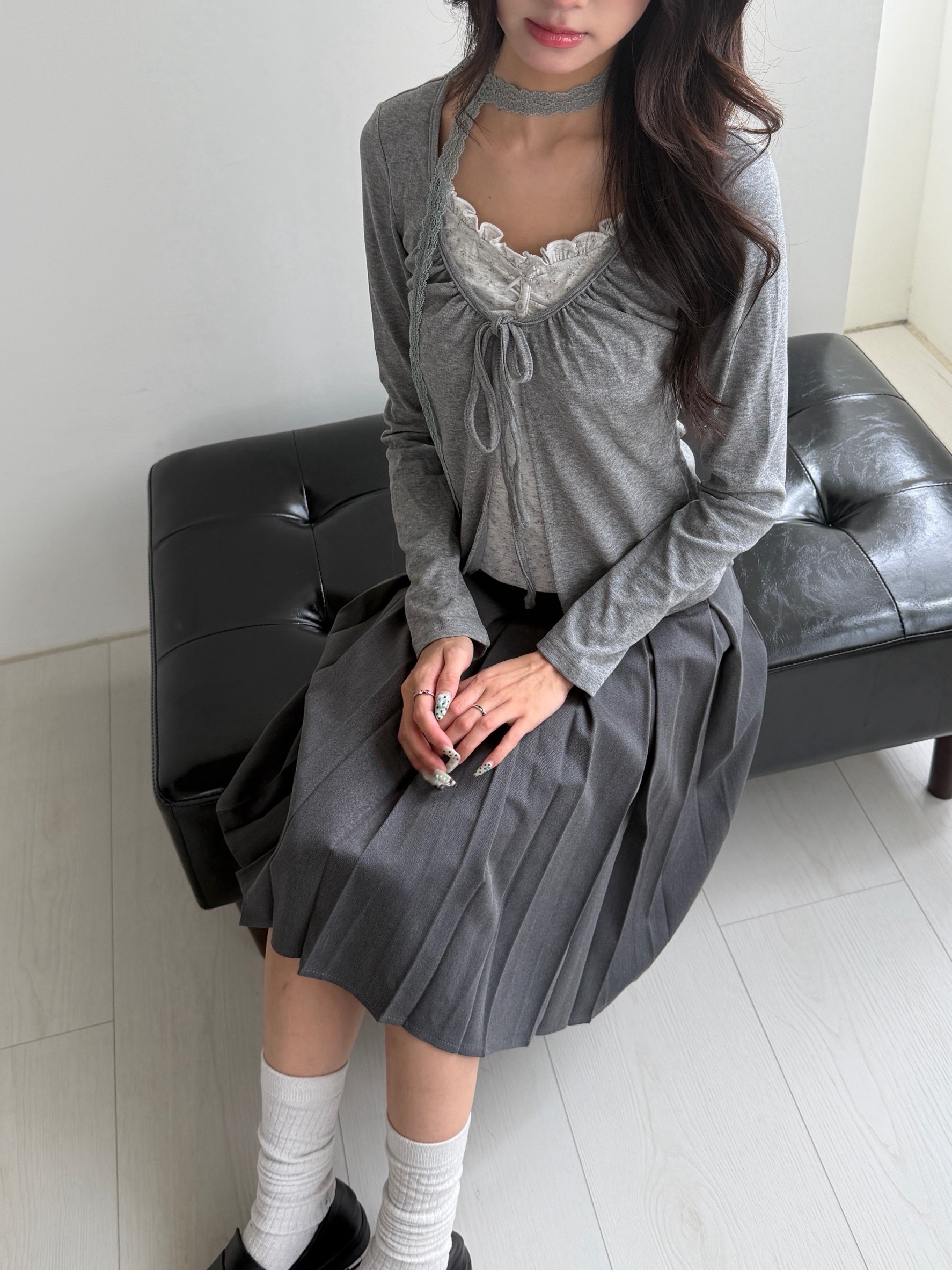 少女感拼接碎花綁帶上衣