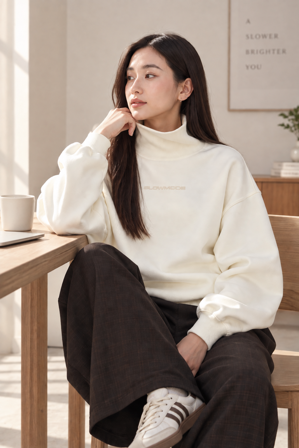 SLOWMODE 女款奶油米白高領大學T Lifestyle
