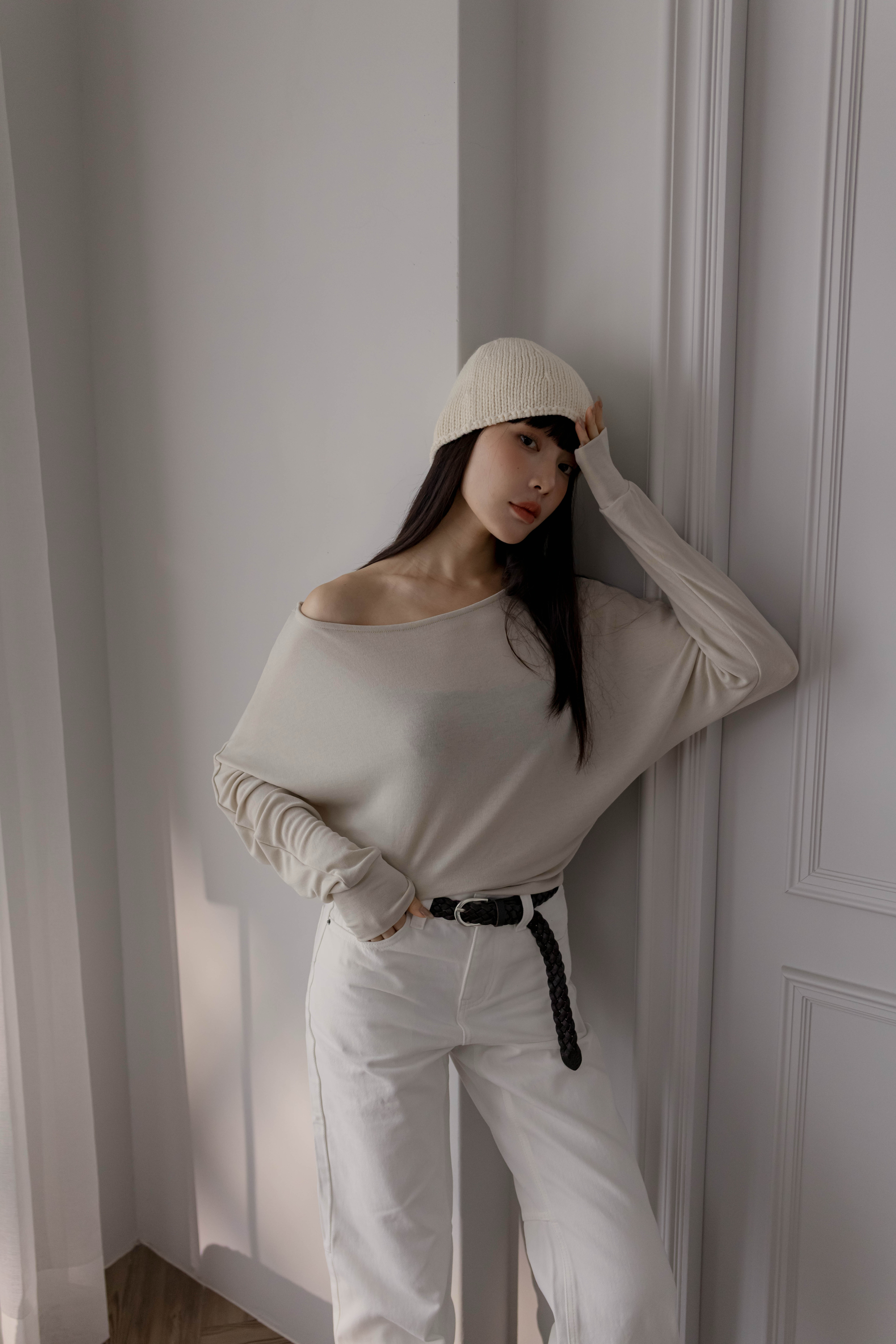 (預購)#AW15軟彈斜肩垂墜上衣(杏/白/灰)