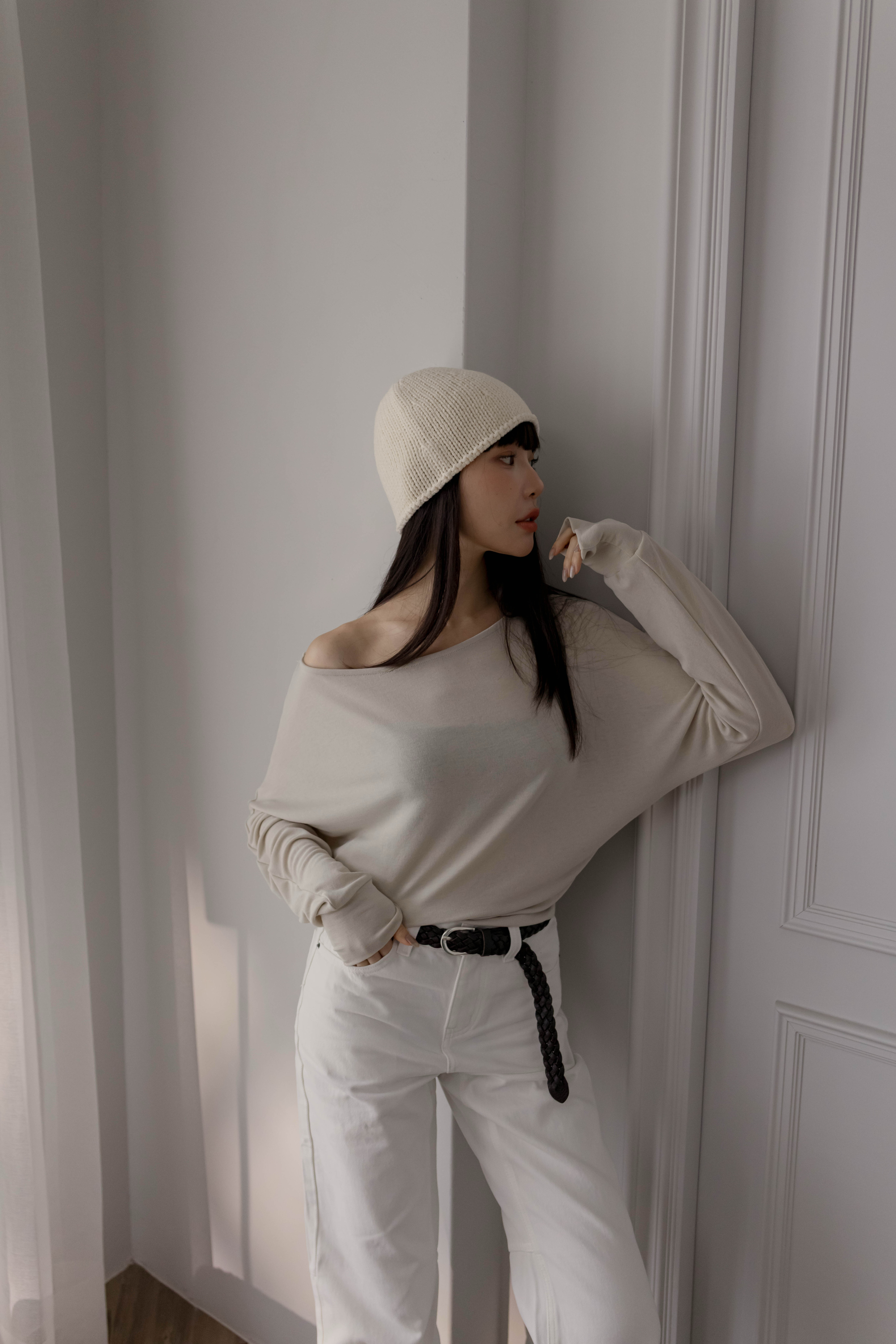(預購)#AW15軟彈斜肩垂墜上衣(杏/白/灰)