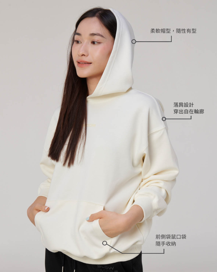 SLOWMODE 女款奶油米白寬鬆連帽大學T 商品細節