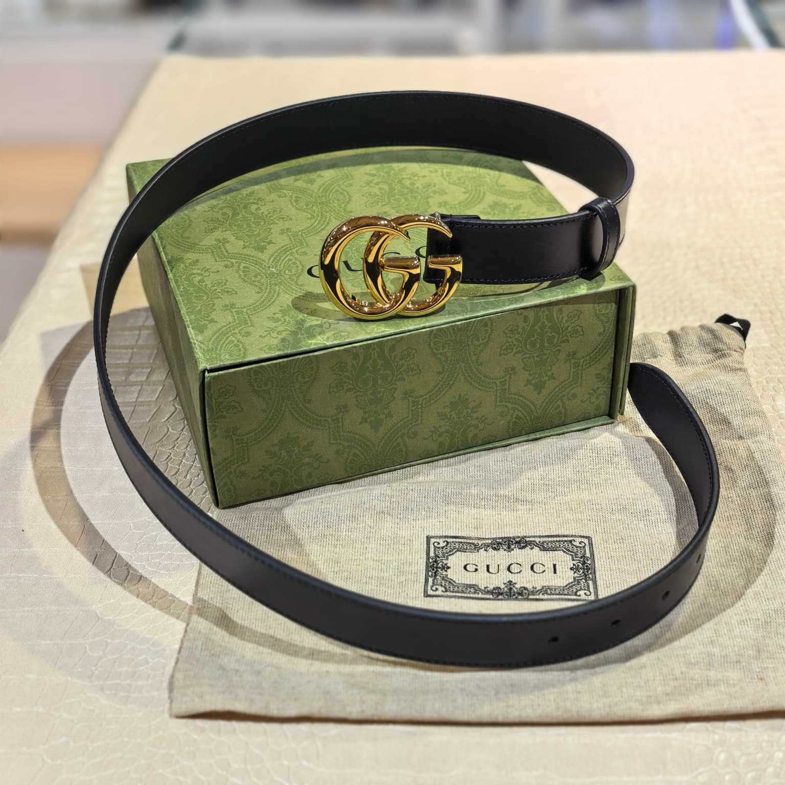 全新GUCCI皮帶85碼 寬3CM, 414516, 黑色光滑牛皮/雙G亮金扣 #BRAND NEW #香榭站正品