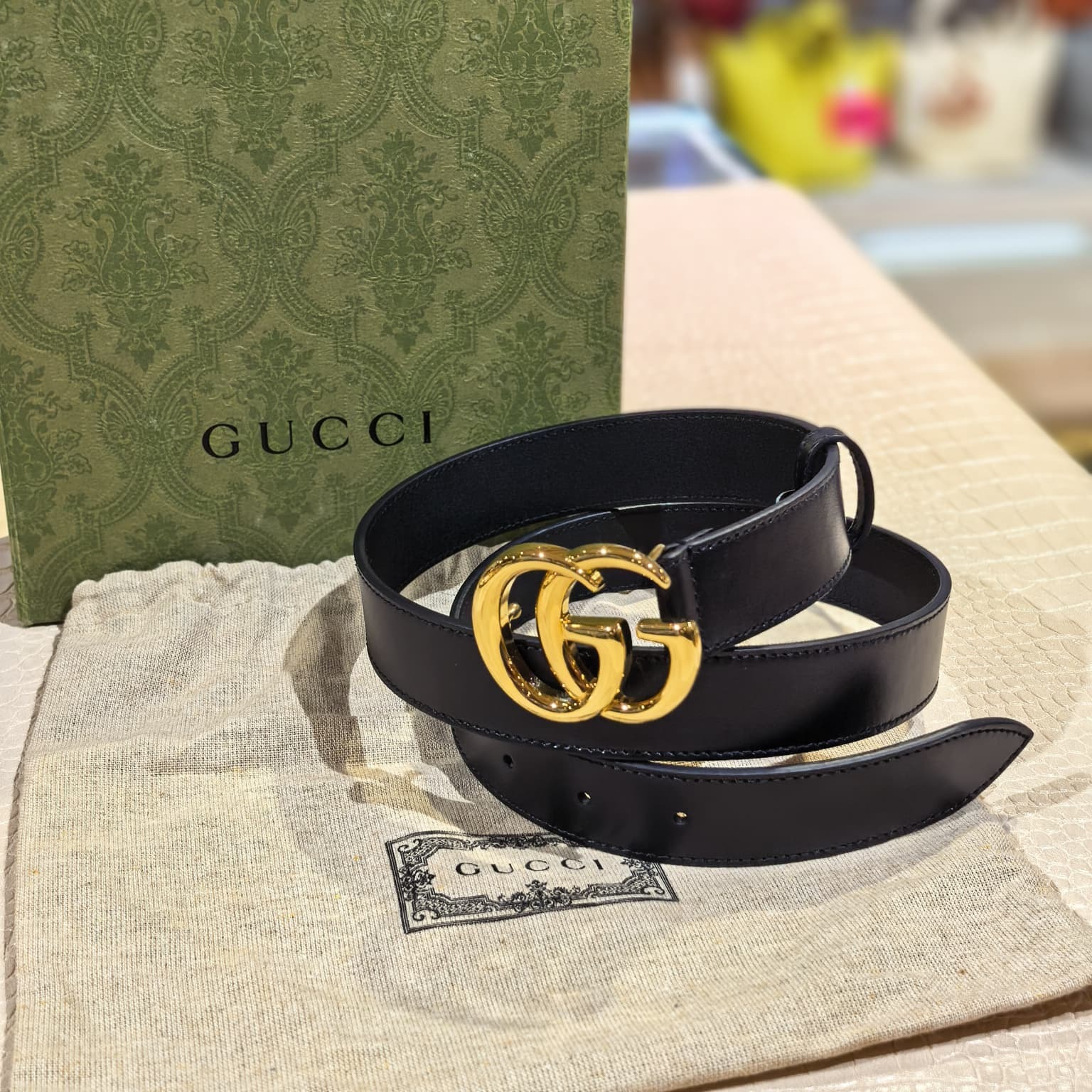 全新GUCCI皮帶85碼 寬3CM, 414516, 黑色光滑牛皮/雙G亮金扣 #BRAND NEW #香榭站正品
