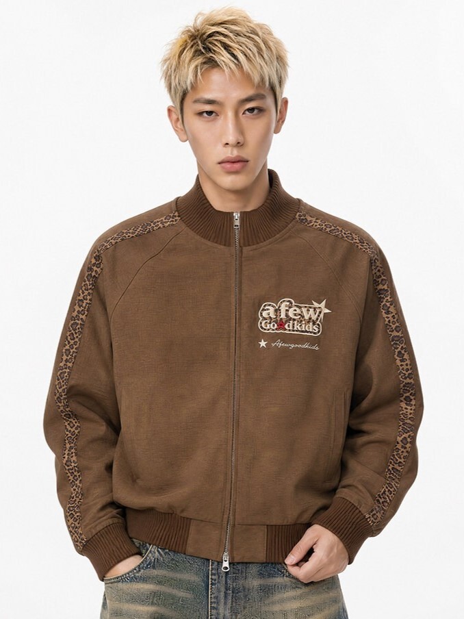 AFGK Leopard Print Embroidered Logo Applique Suede Jacket with Webbing Trim - A FEW GOOD KIDS