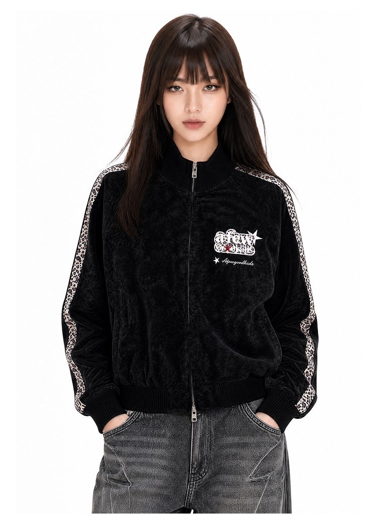 AFGK Leopard Print Embroidered Logo Applique Suede Jacket with Webbing Trim - A FEW GOOD KIDS