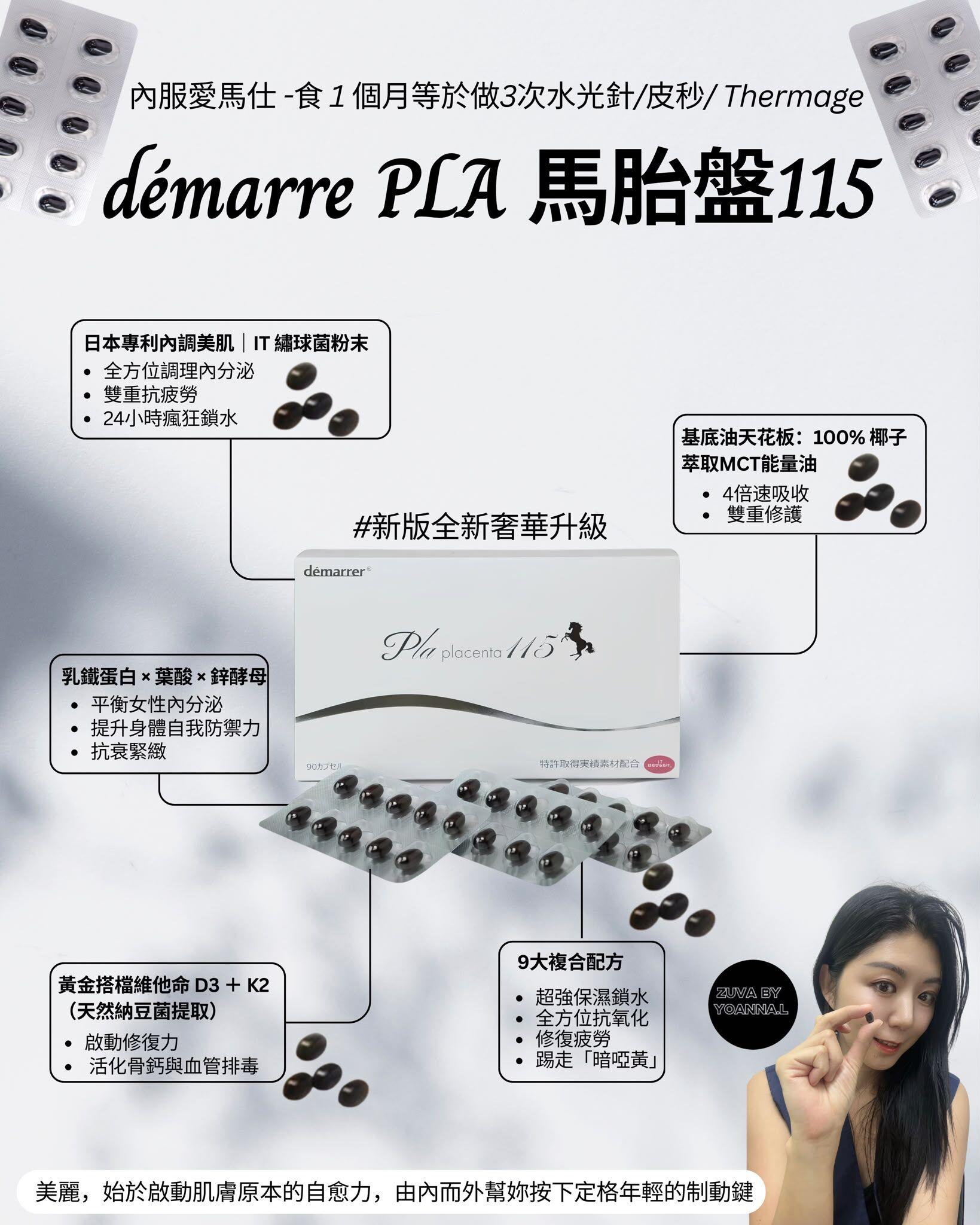{售完}新版升級( 內服愛馬仕 -食 1 個月等於做3次水光針/皮秒/ Thermage) 日本高端美容院專用、榮獲日本嘅殿堂級大獎 👑 démarre PLA 馬胎盤115/一盒 90 粒 T347   (4個月為一個完美肌膚更新週期)💢 敬請留意💢 (食品不能安排存貨）💢（7月出貨）
