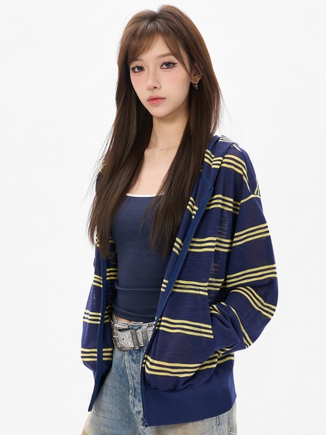 AFGK color-blocked striped patchwork retro casual hooded jacket. A FEW GOOD KIDS