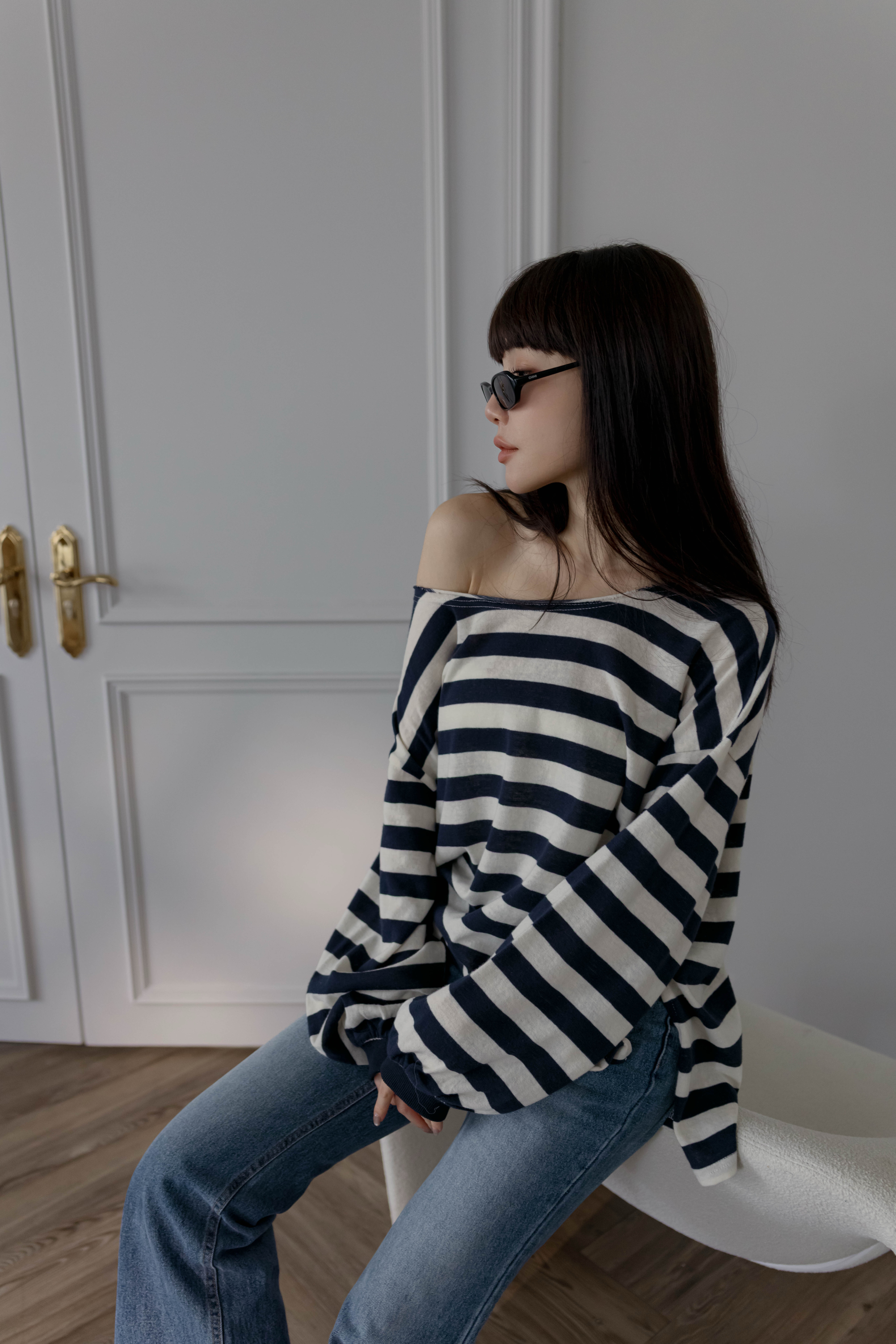 (預購)#AW14寬鬆條文斜肩上衣(黑/粉)