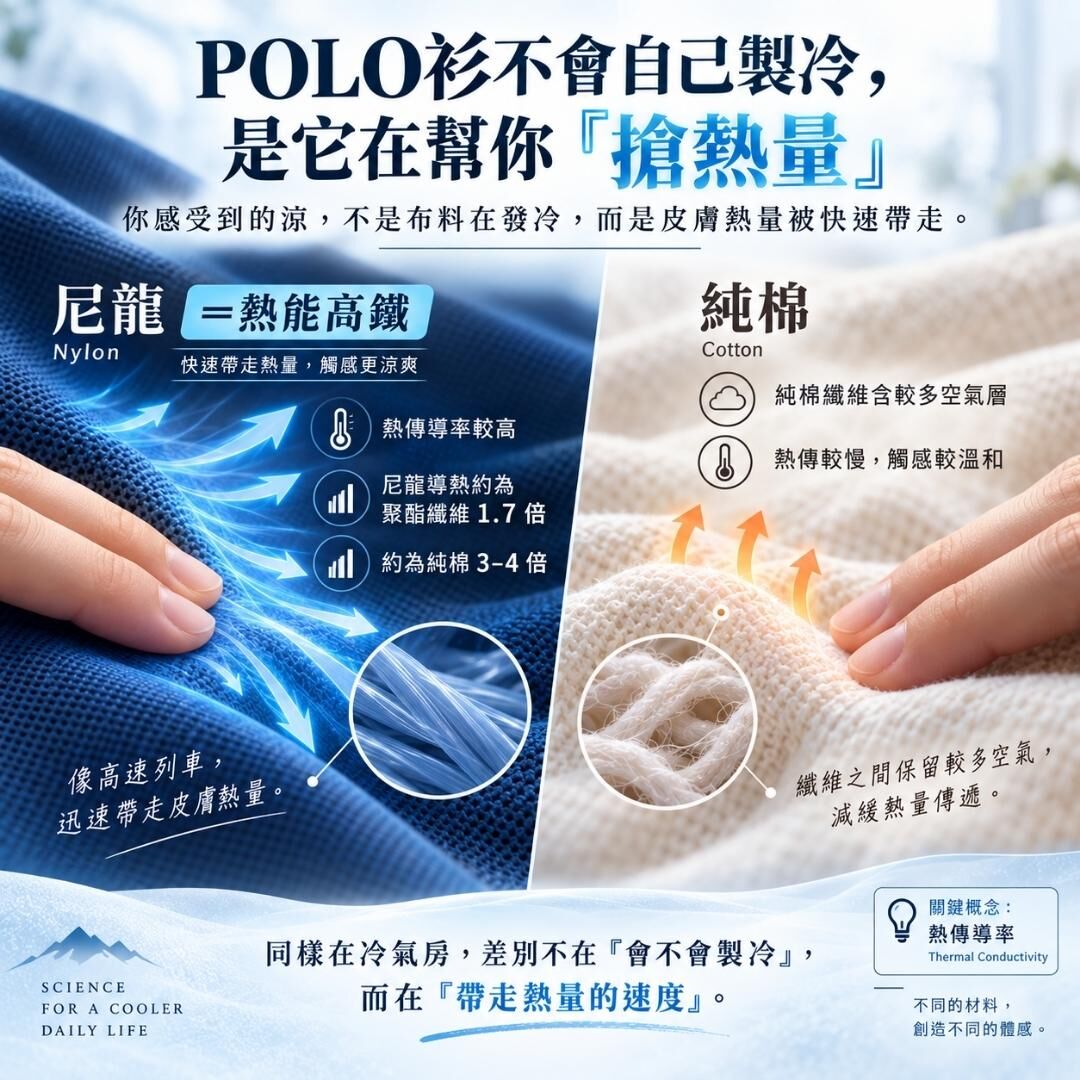 尼龍 POLO 衫與純棉布料熱傳導比較,說明尼龍纖維為什麼摸起來更涼。