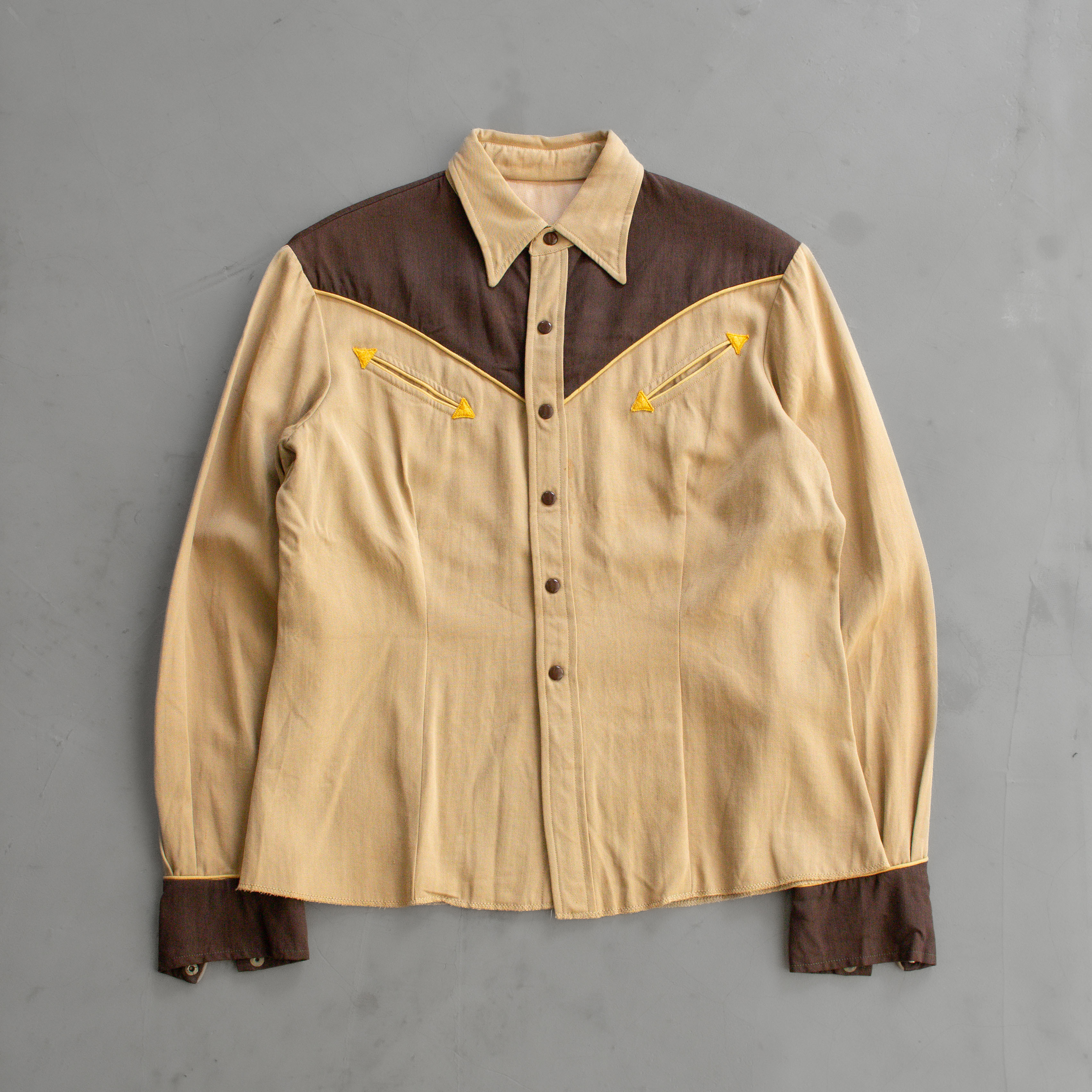 50S VINTAGE RAYON WESTERN SHIRT 美國製 卡其 拼色 嫘縈 西部襯衫