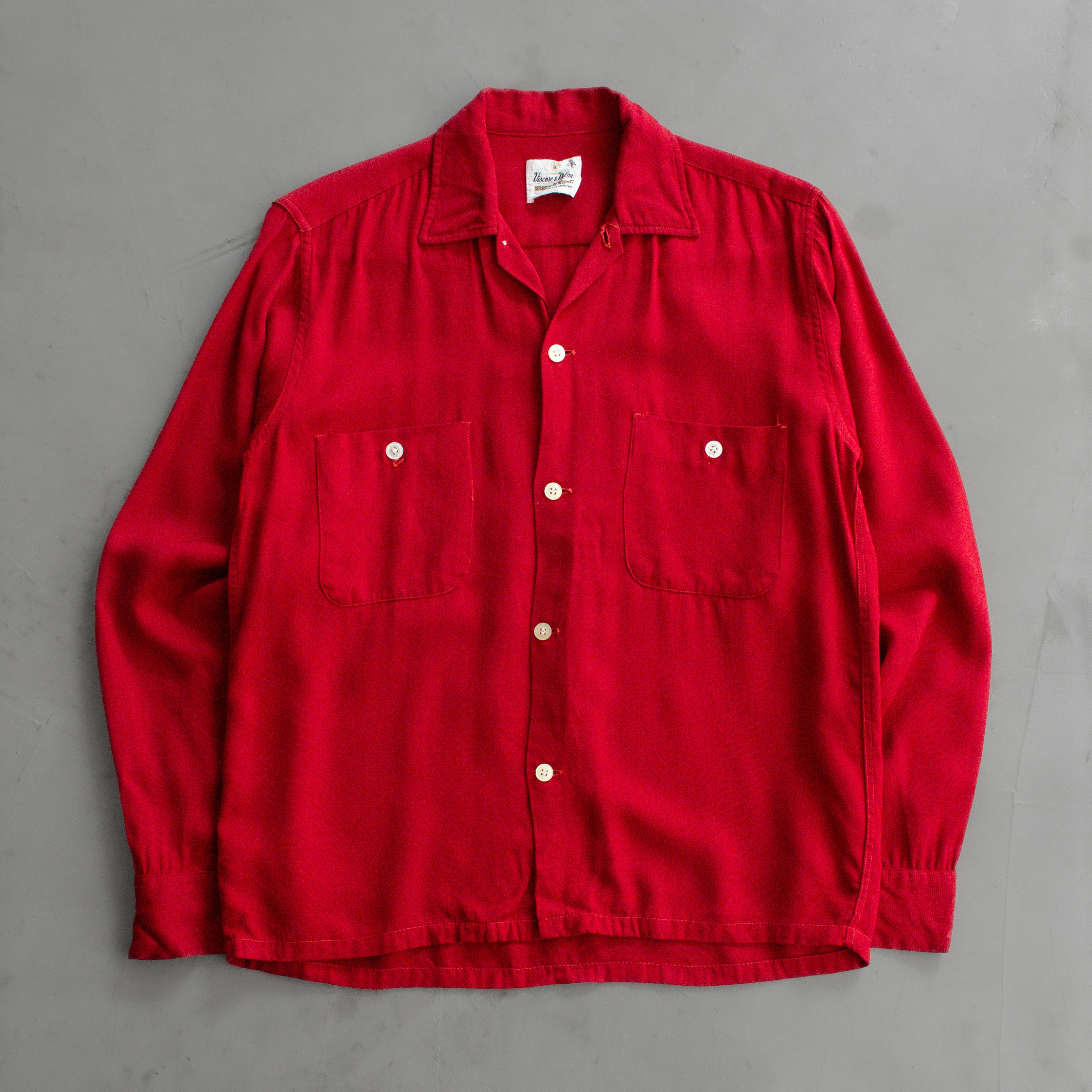 50S VINTAGE RAYON OPEN SHIRT 美國製 紅色 開領 嫘縈 長袖 襯衫