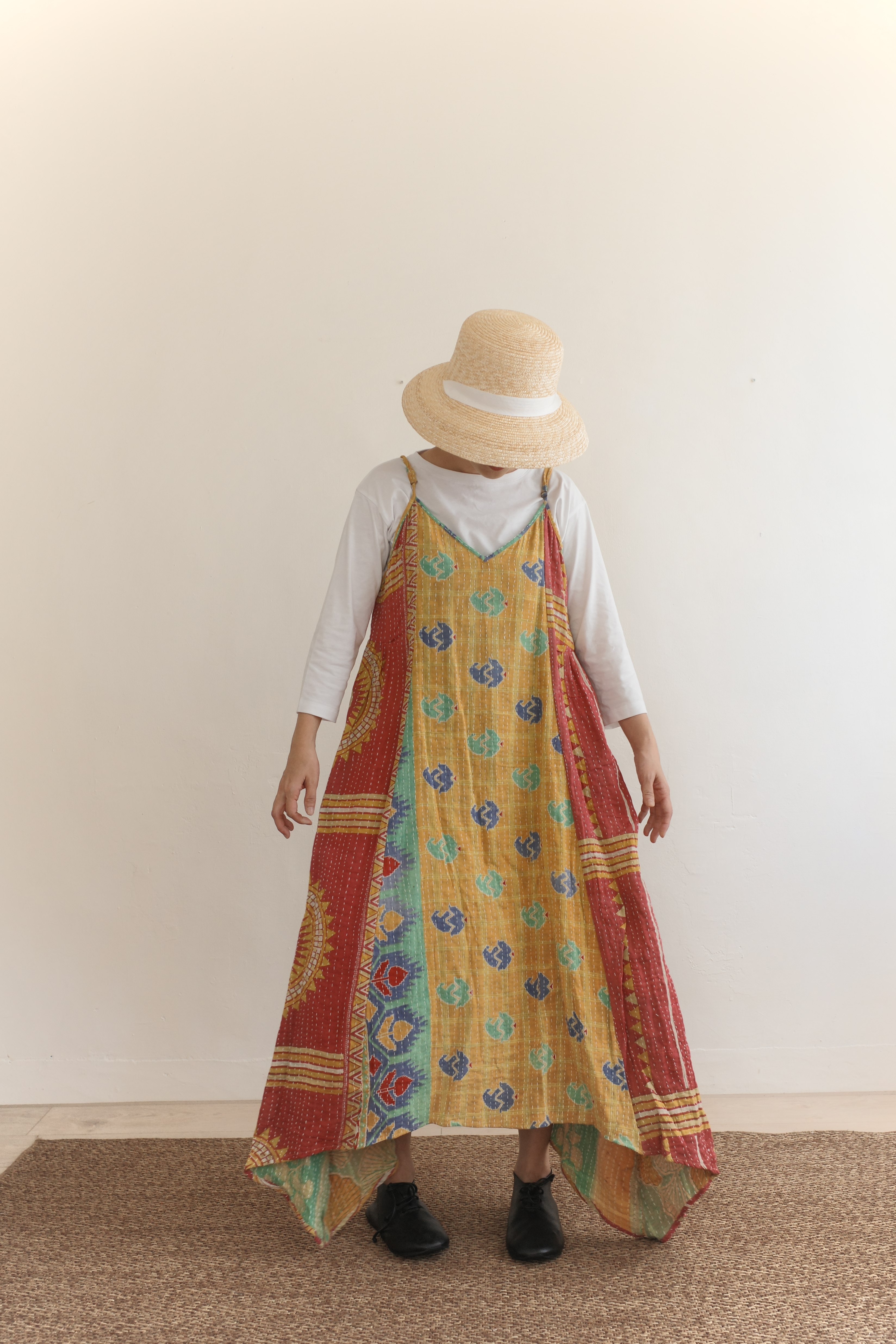 手縫紗麗古布細肩帶長洋裝_E