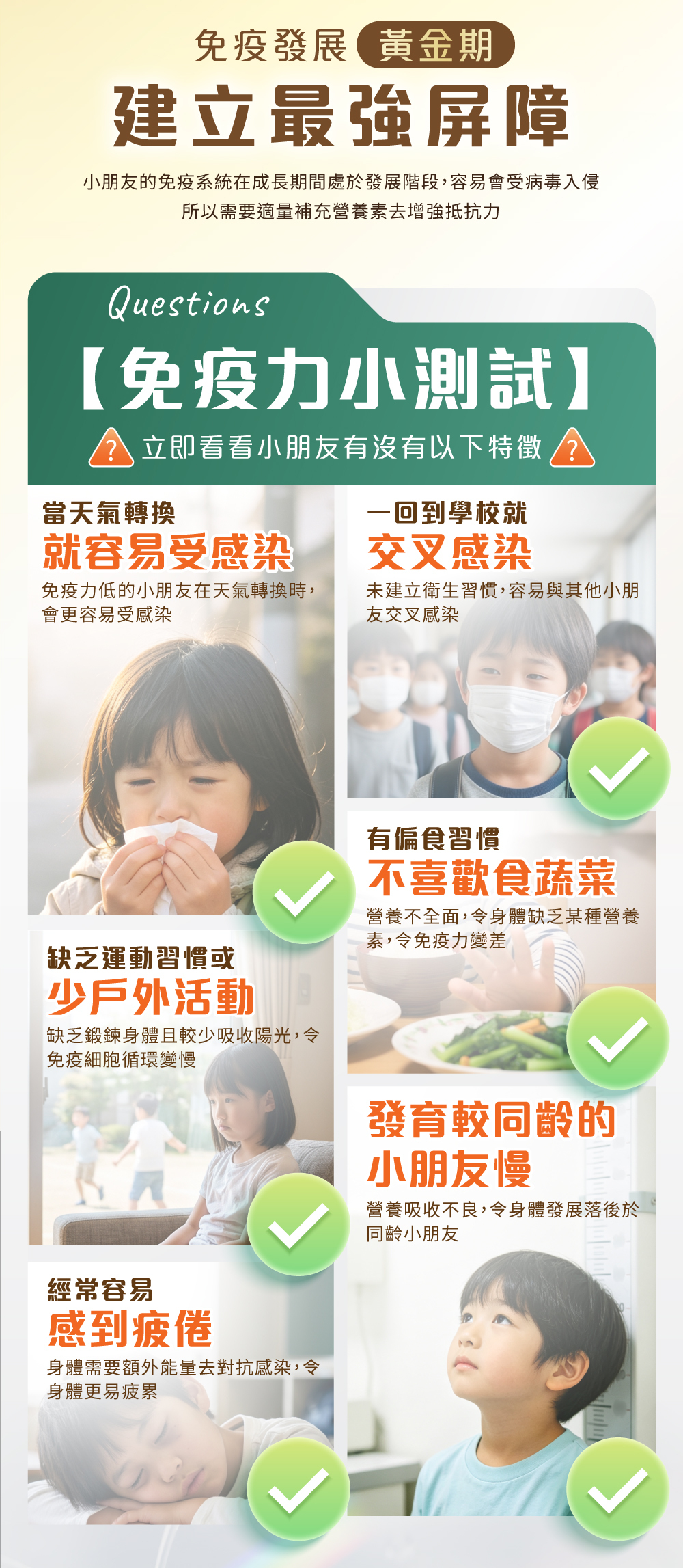 兒童免疫發展黃金期小測試圖,列出天氣轉換易受感染、上學交叉感染、偏食不吃蔬菜、少戶外活動、發育較慢及經常疲倦等六項特徵,提醒小朋友需要補充營養增強抵抗力