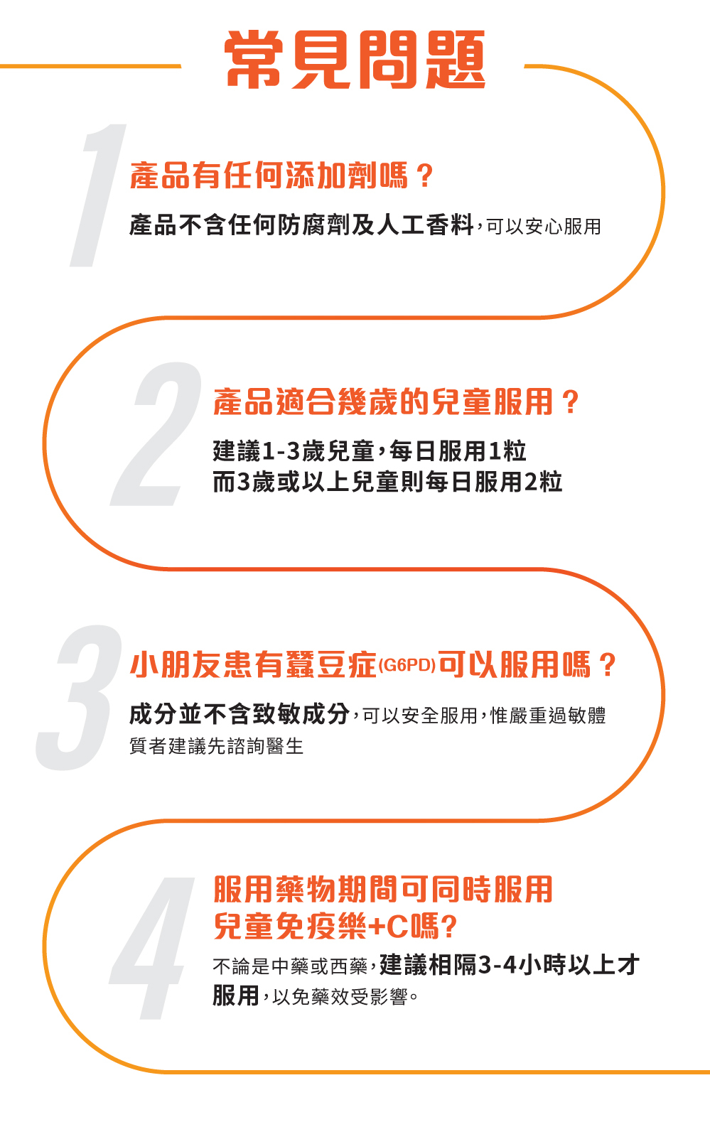 ReVive Kiddie 兒童免疫樂+C常見問題：產品不含防腐劑及人工香料、1至3歲每日1粒3歲以上每日2粒、蠶豆症G6PD可服但嚴重過敏宜先諮詢醫生、服藥期間建議相隔3至4小時