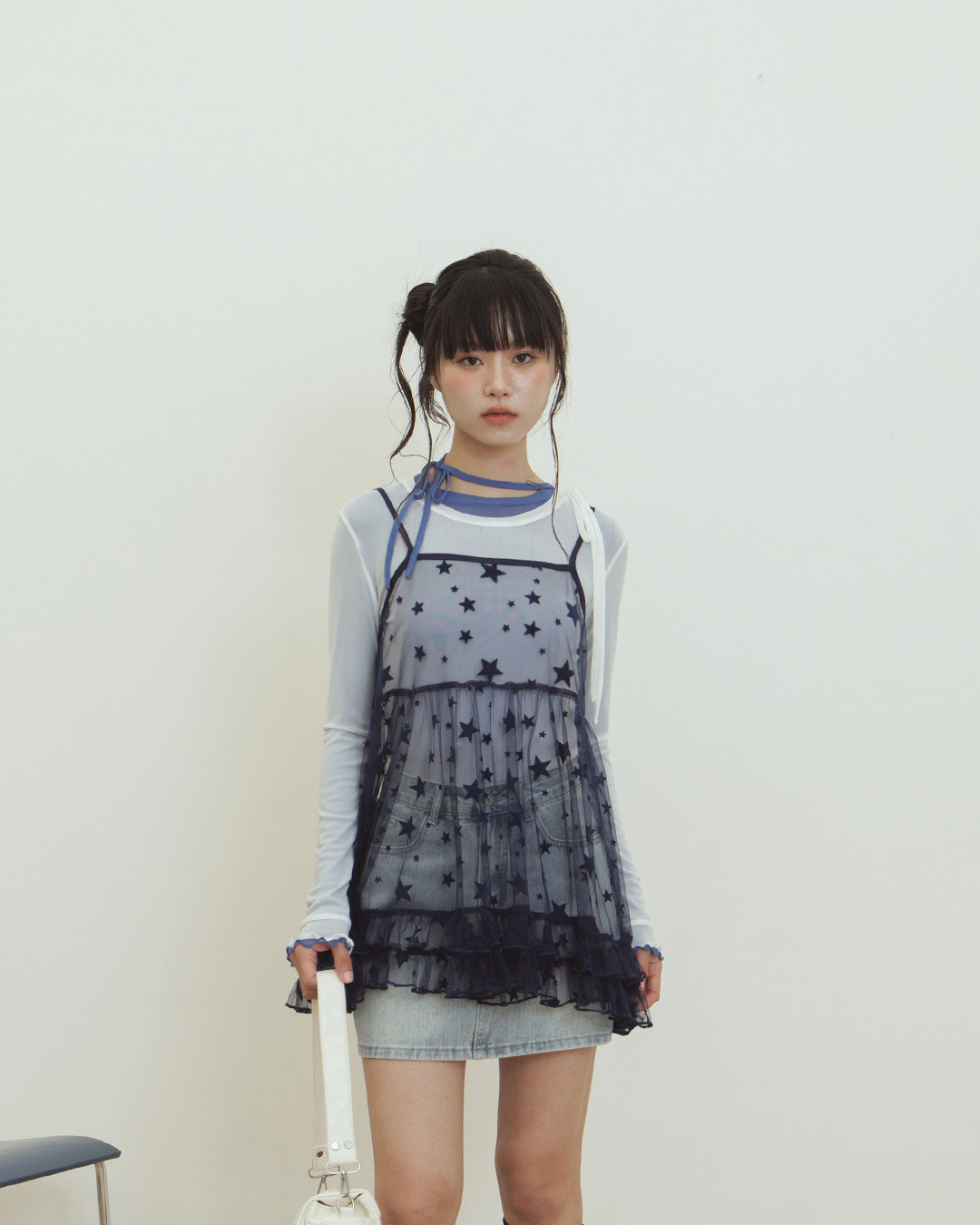 Star-patterned flocked ruffle mesh cover-up vest - dark blue【01200059】in stock+pre-order