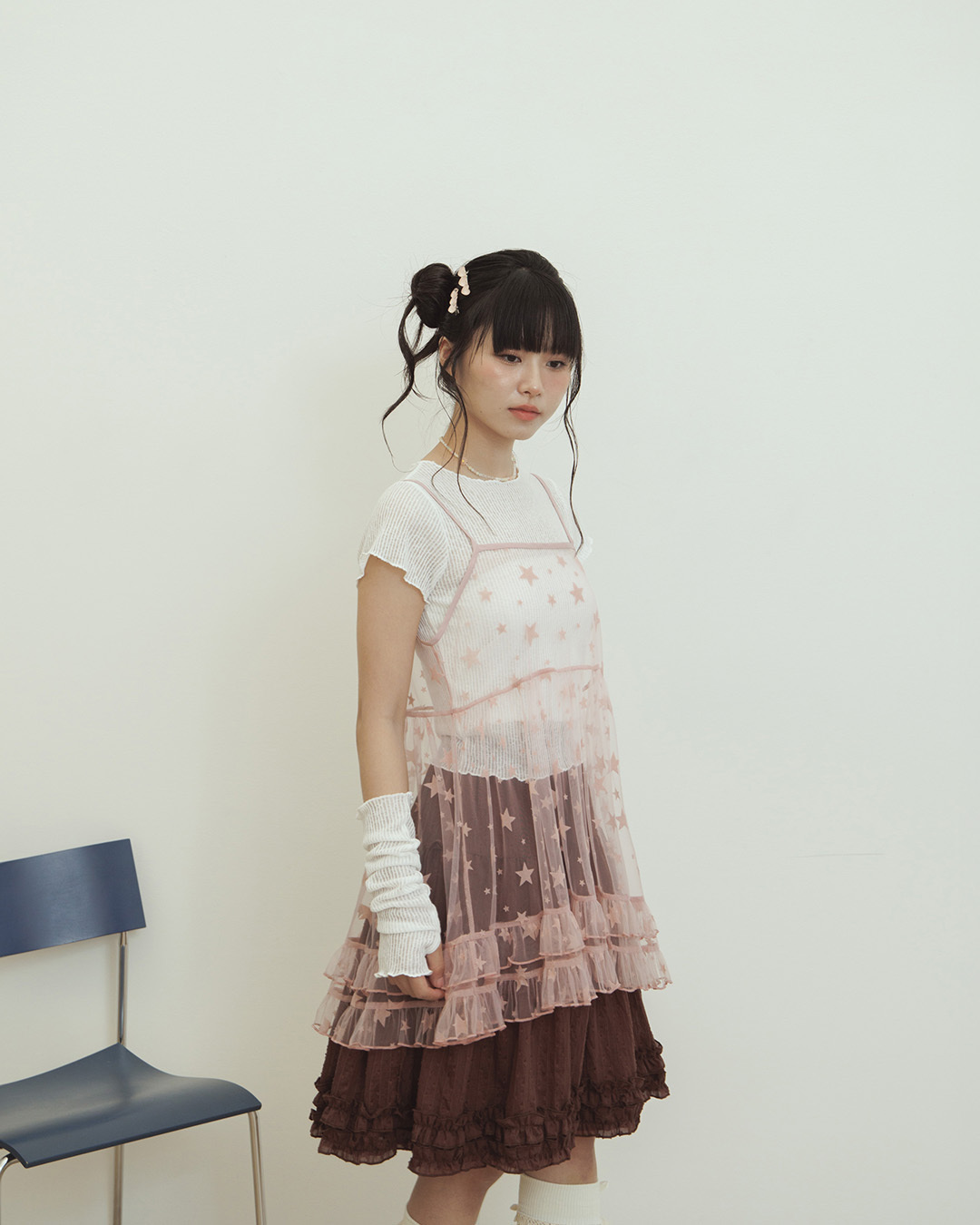 Star-patterned flocked ruffle mesh cover-up vest - Pink【01200058】in stock+pre-order