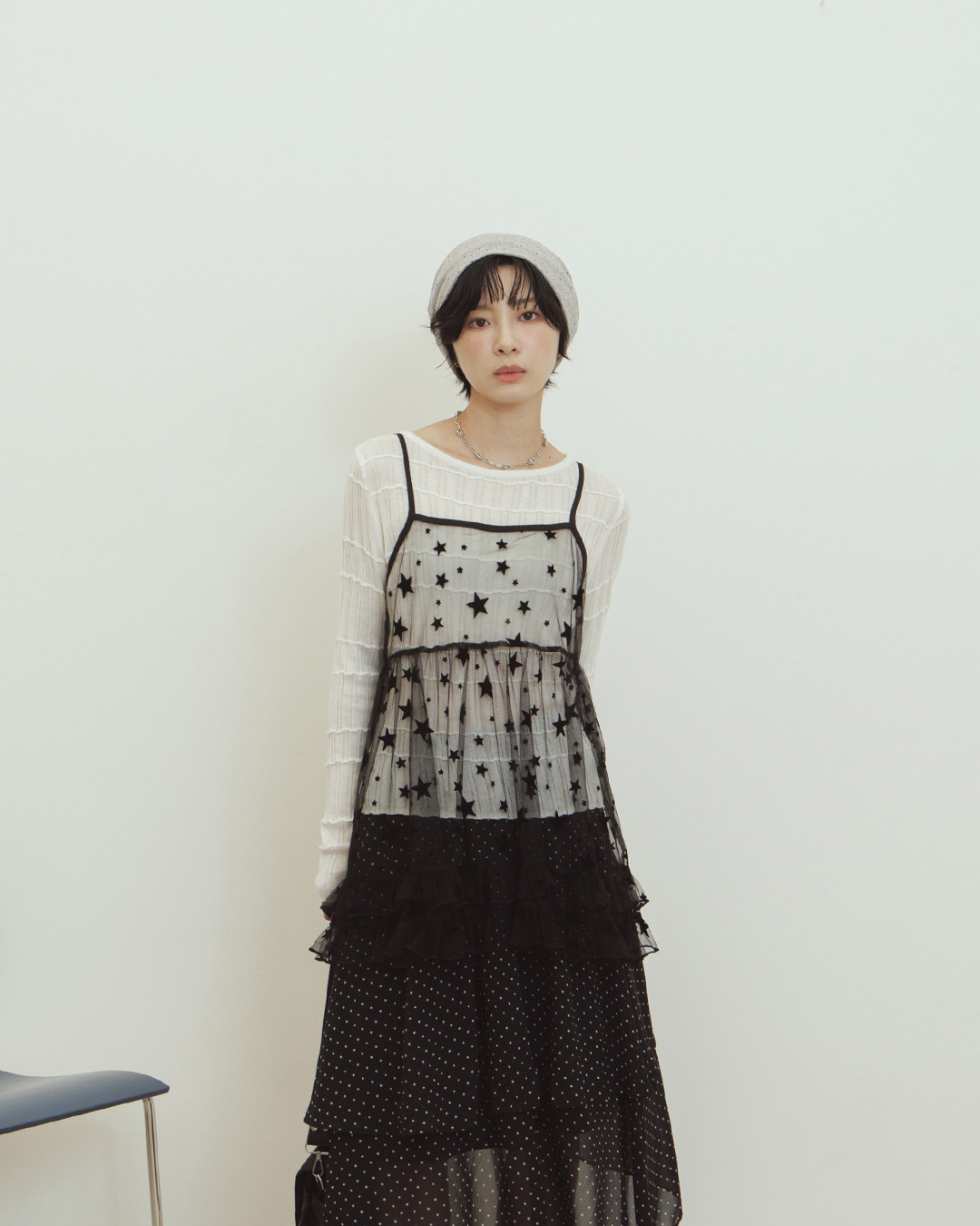 Star-patterned flocked ruffle mesh cover-up vest - Black【01200057】in stock+pre-order