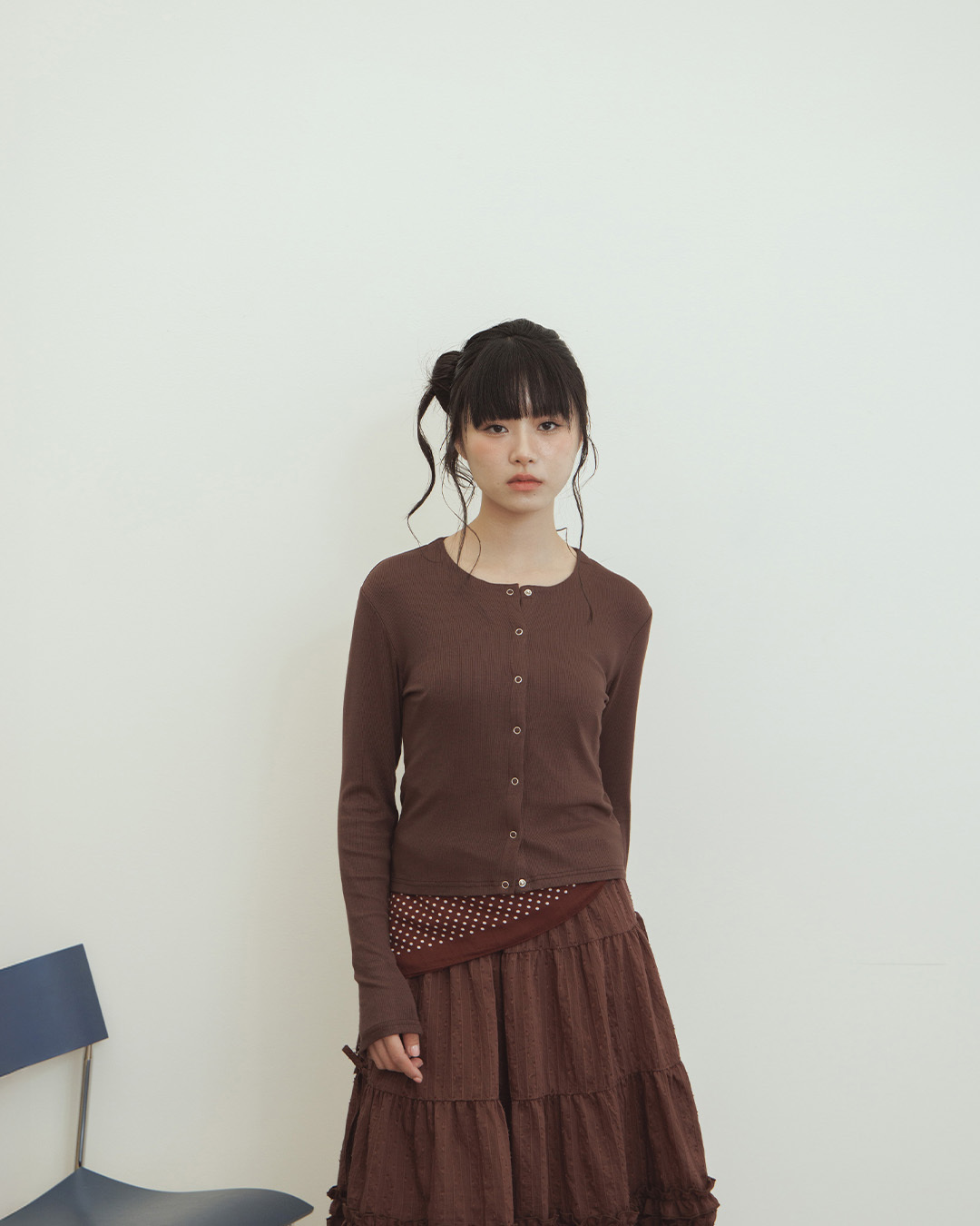 Plain snap-button elastic long-sleeved top - coffee【01200029】in stock+pre-order
