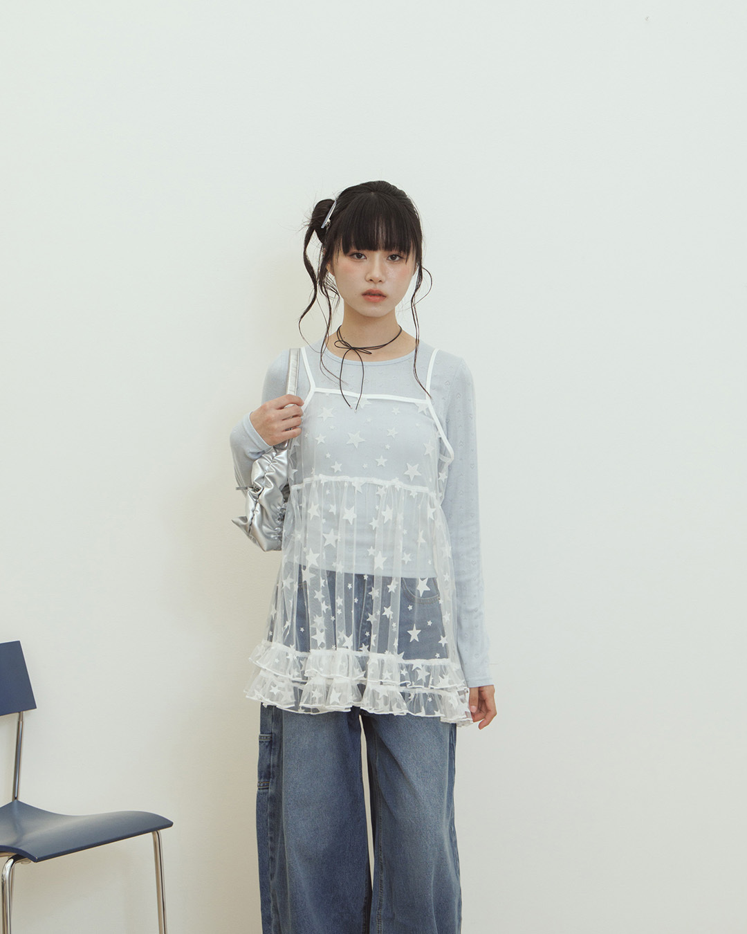 Star-patterned ruffled mesh cover-up vest - white【01200056】in stock+pre-order
