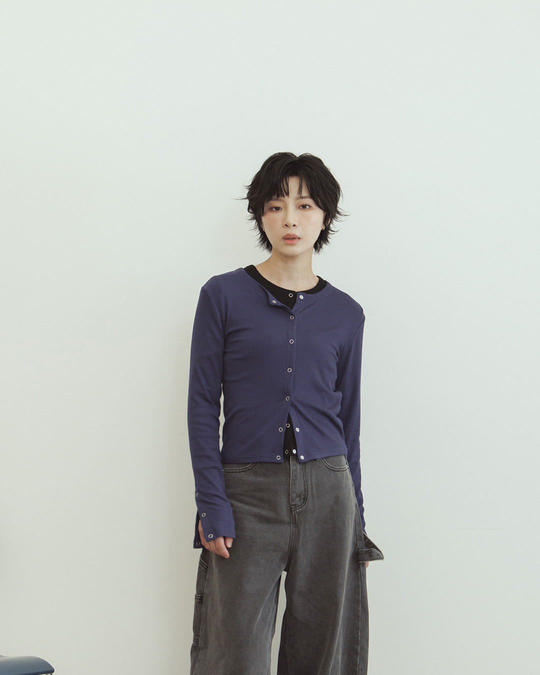 Plain snap-button elastic long-sleeved top - blue【01200028】in stock+pre-order