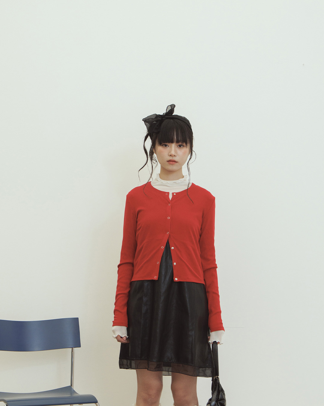 Plain snap-button elastic long-sleeved top - red【01200027】in stock+pre-order