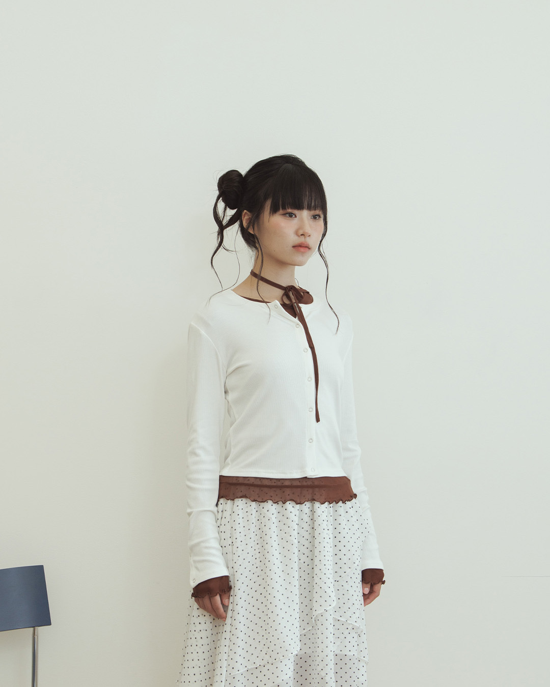 Plain button-down elastic long-sleeved top - white【01200025】in stock+pre-order