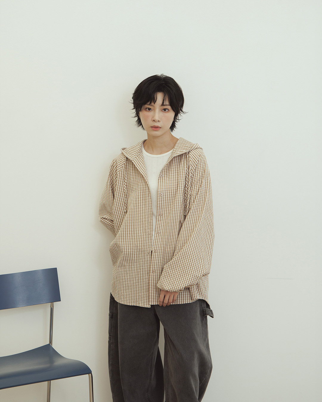 Casual plaid button-down hooded top, available in two colors【01200021】in stock+pre-order
