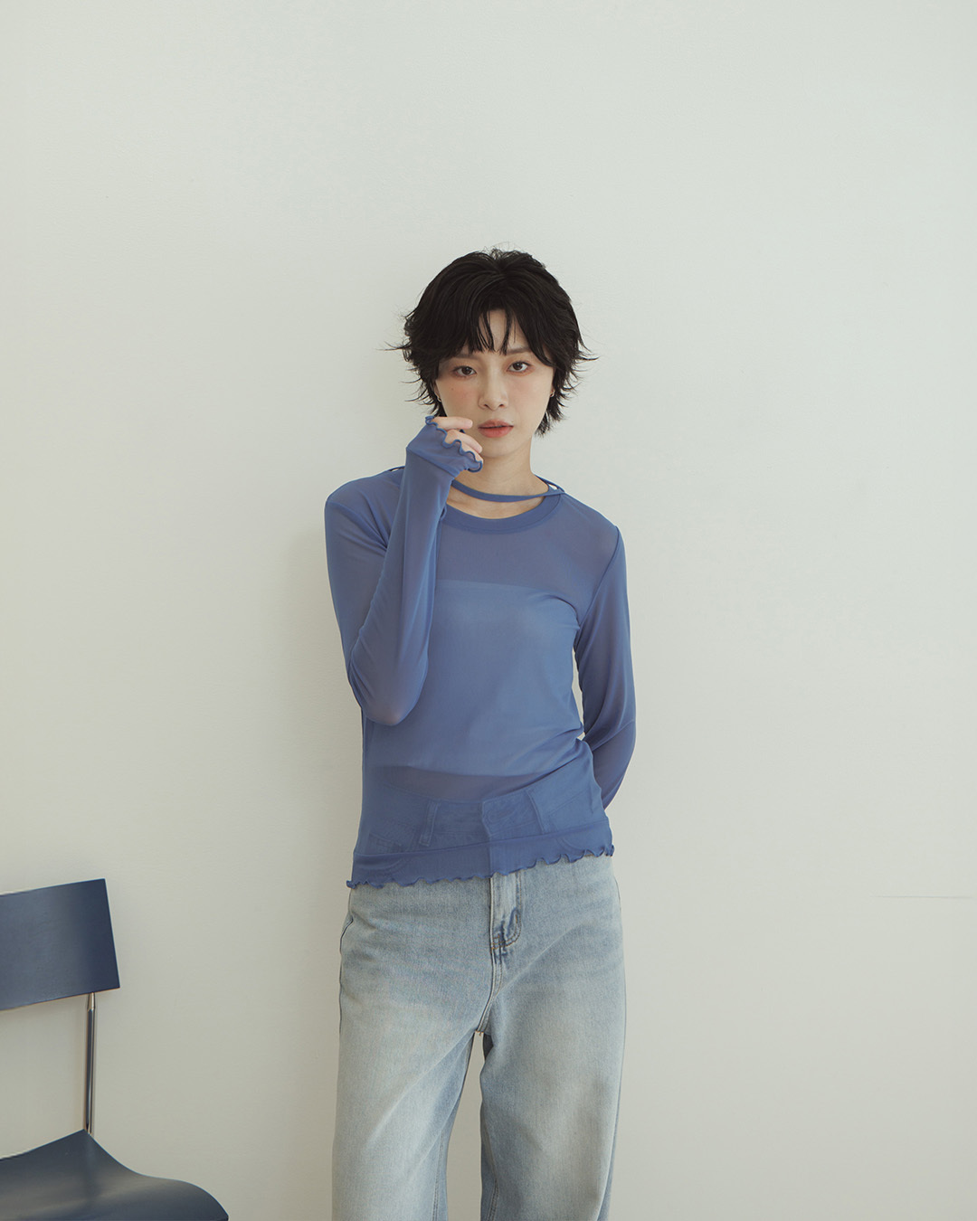 Asymmetrical tie-up elastic mesh top - blue【01099939】in stock+pre-order