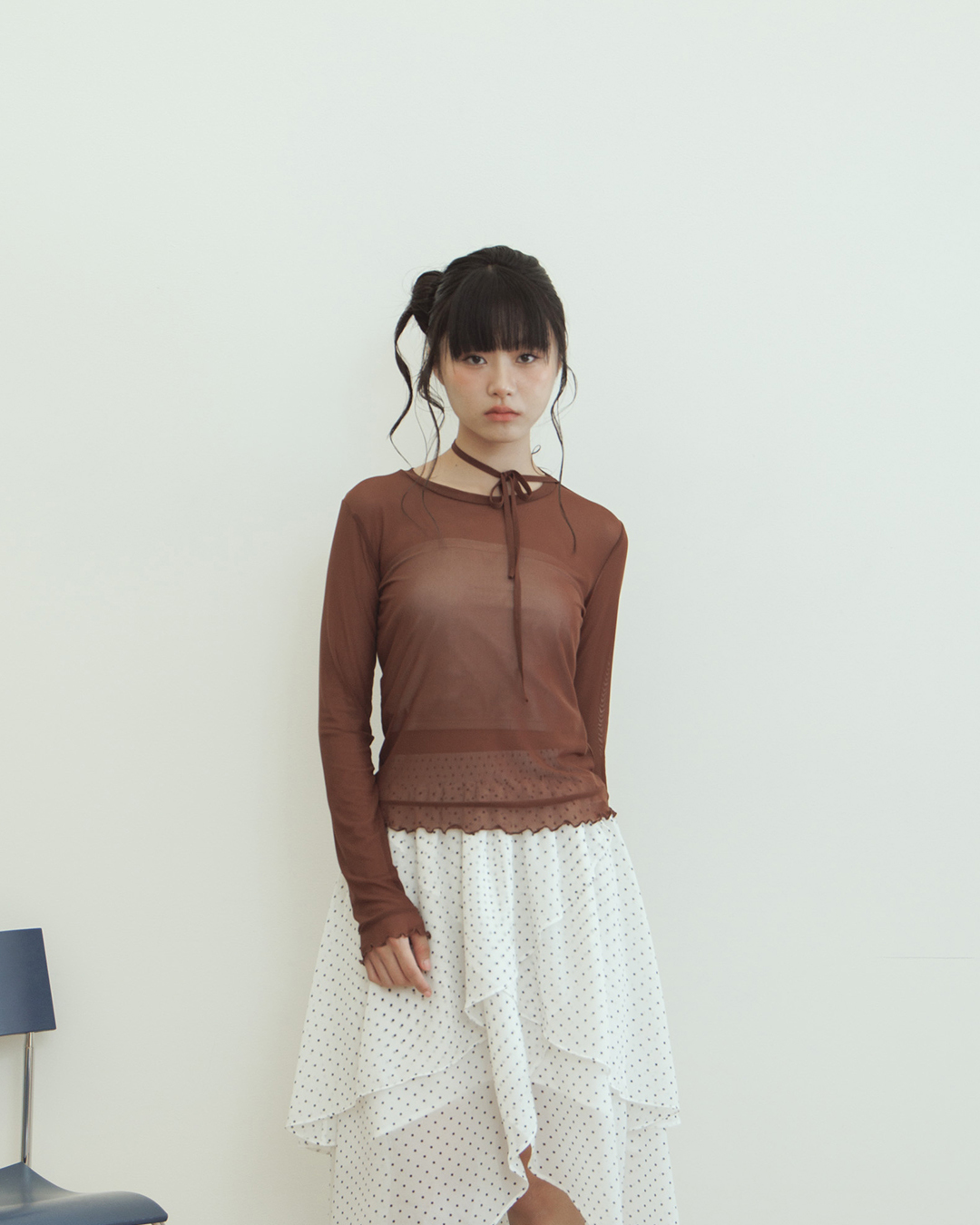 Asymmetrical tie-up elastic mesh top - coffee【01099938】in stock+pre-order