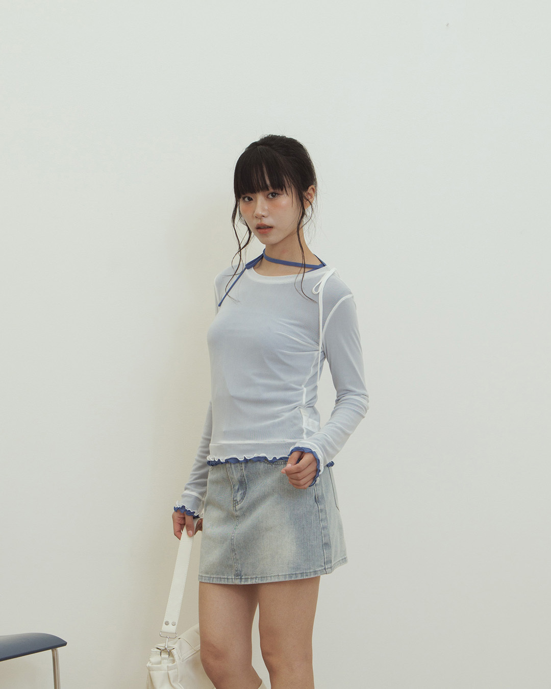 Asymmetrical tie-up elastic mesh top - off-white【01099937】in stock+pre-order