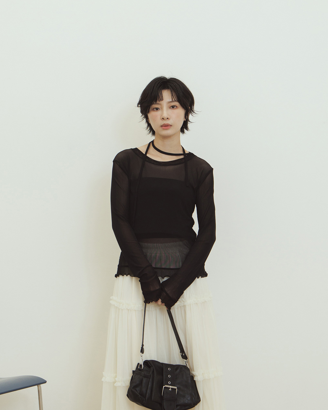 Asymmetrical tie-up elastic mesh top - black【01099936】in stock+pre-order