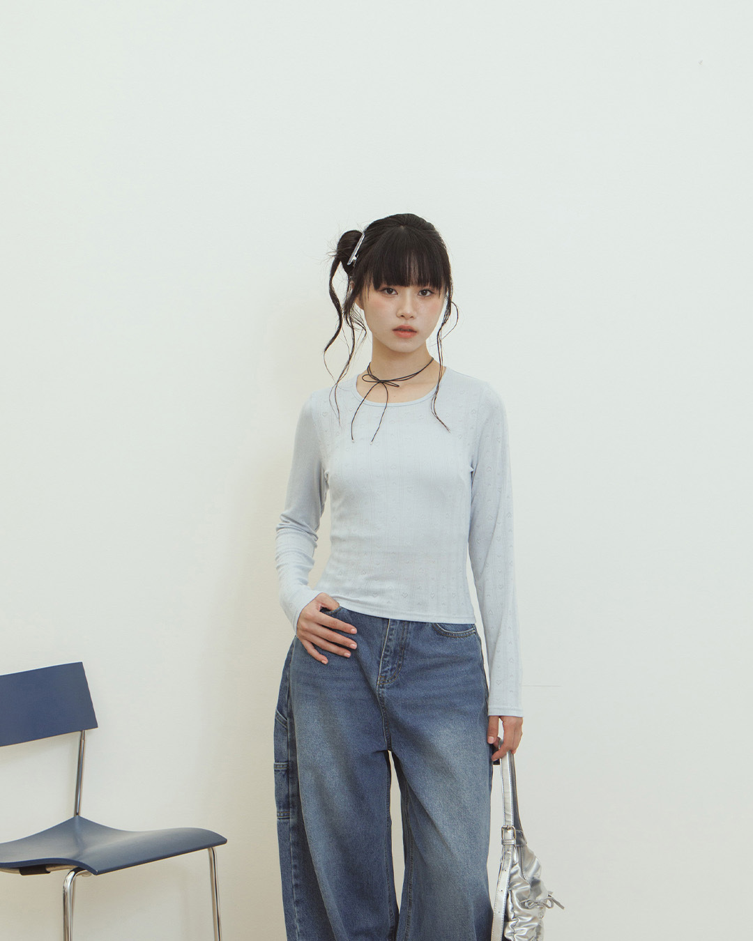 Casual heart-patterned jacquard fitted top, available in three colors【01099927】in stock+pre-order