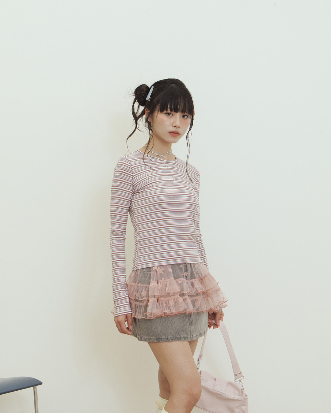 Striped crew neck fitted top in two colors, available in S/M.【01099926】in stock+pre-order