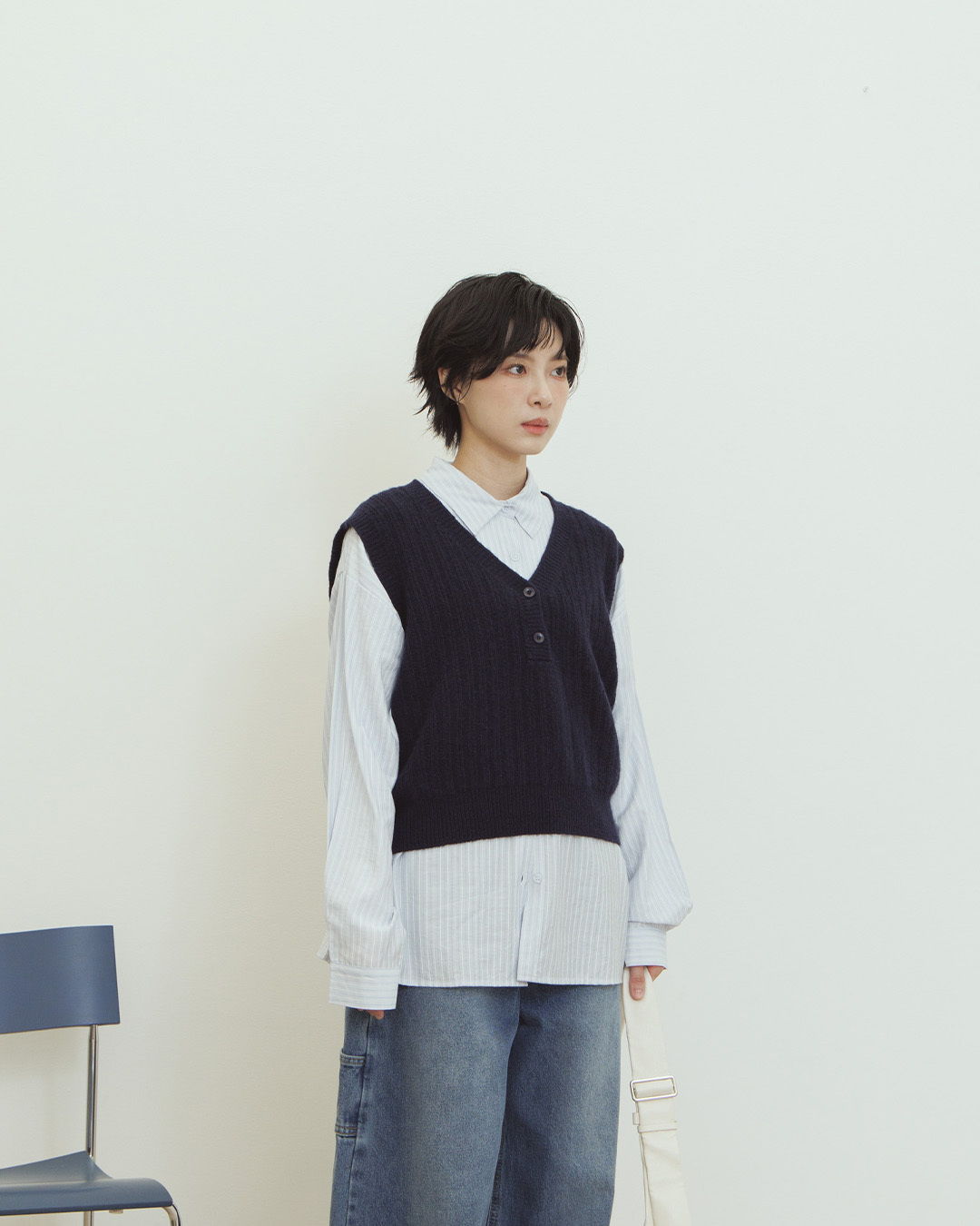 Button-down half-front V-neck knitted vest - dark blue【01013559】in stock+pre-order