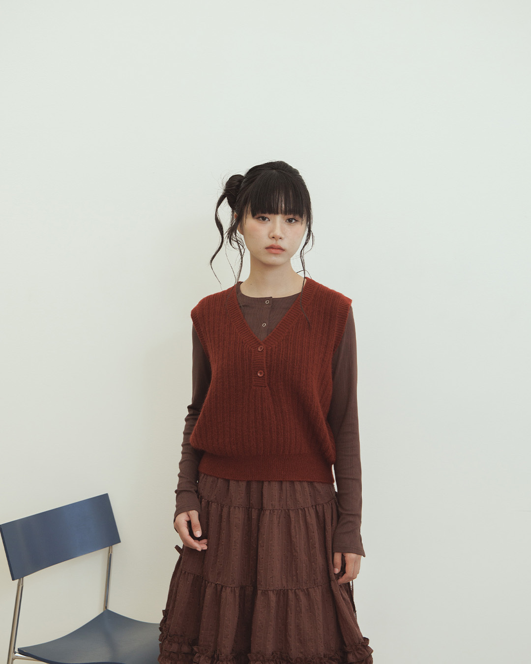 Button-down half-front V-neck knitted vest - red【01013558】in stock+pre-order