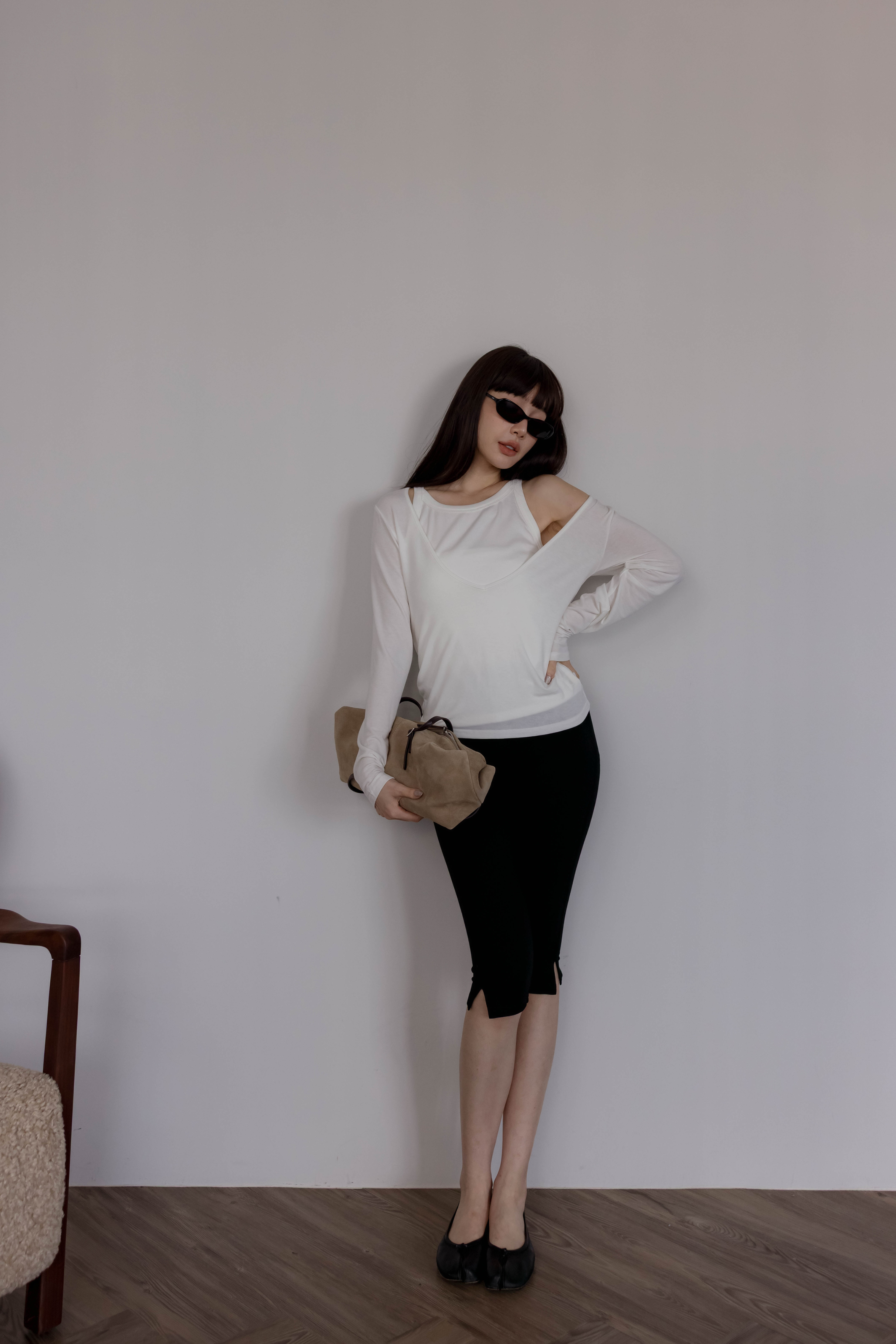 (預購)#AW17深V領長袖外罩背心組(黑/白)