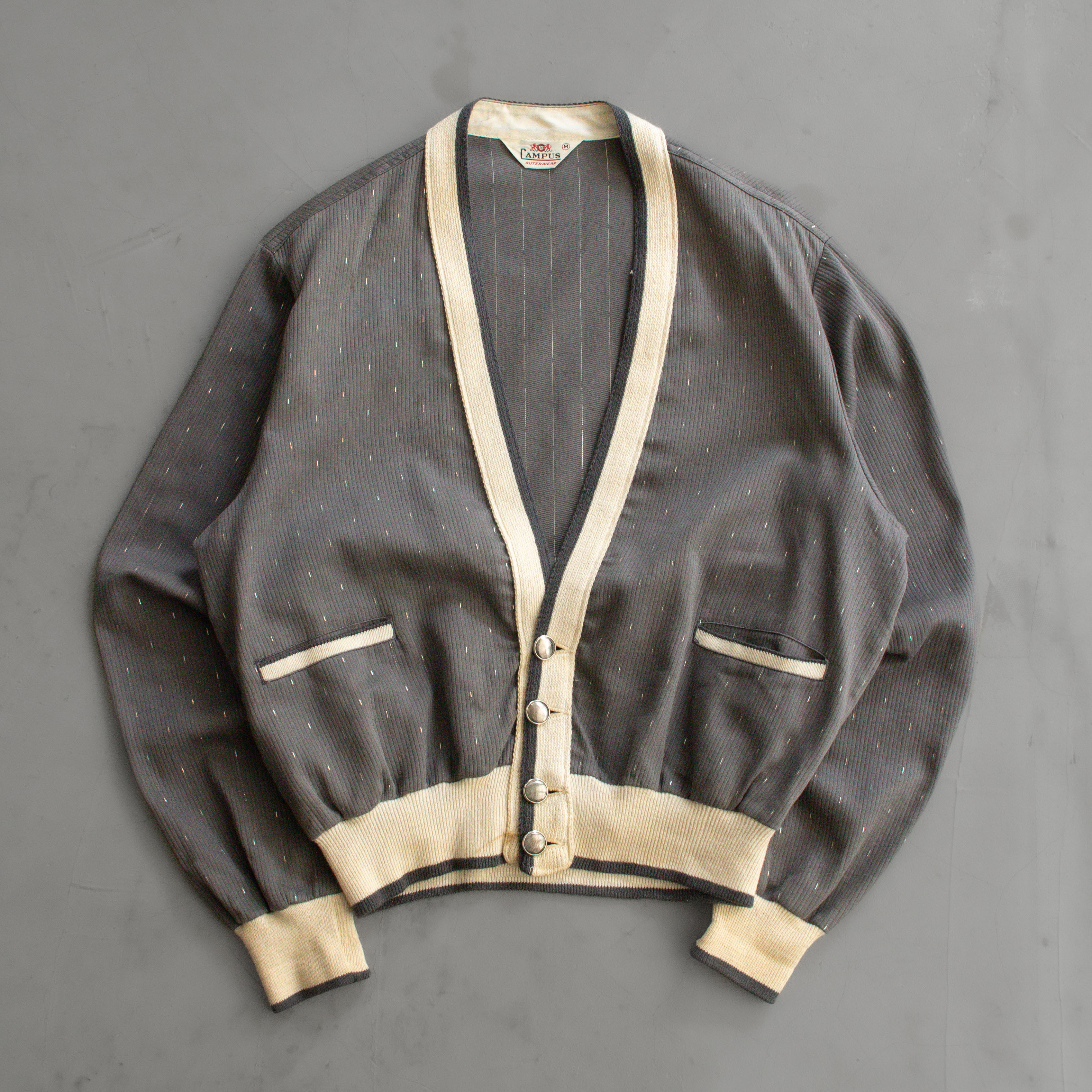50S CAMPUS ROCKABILLY CARDIGAN 美國製 灰色 條紋 開襟 滾邊 外套