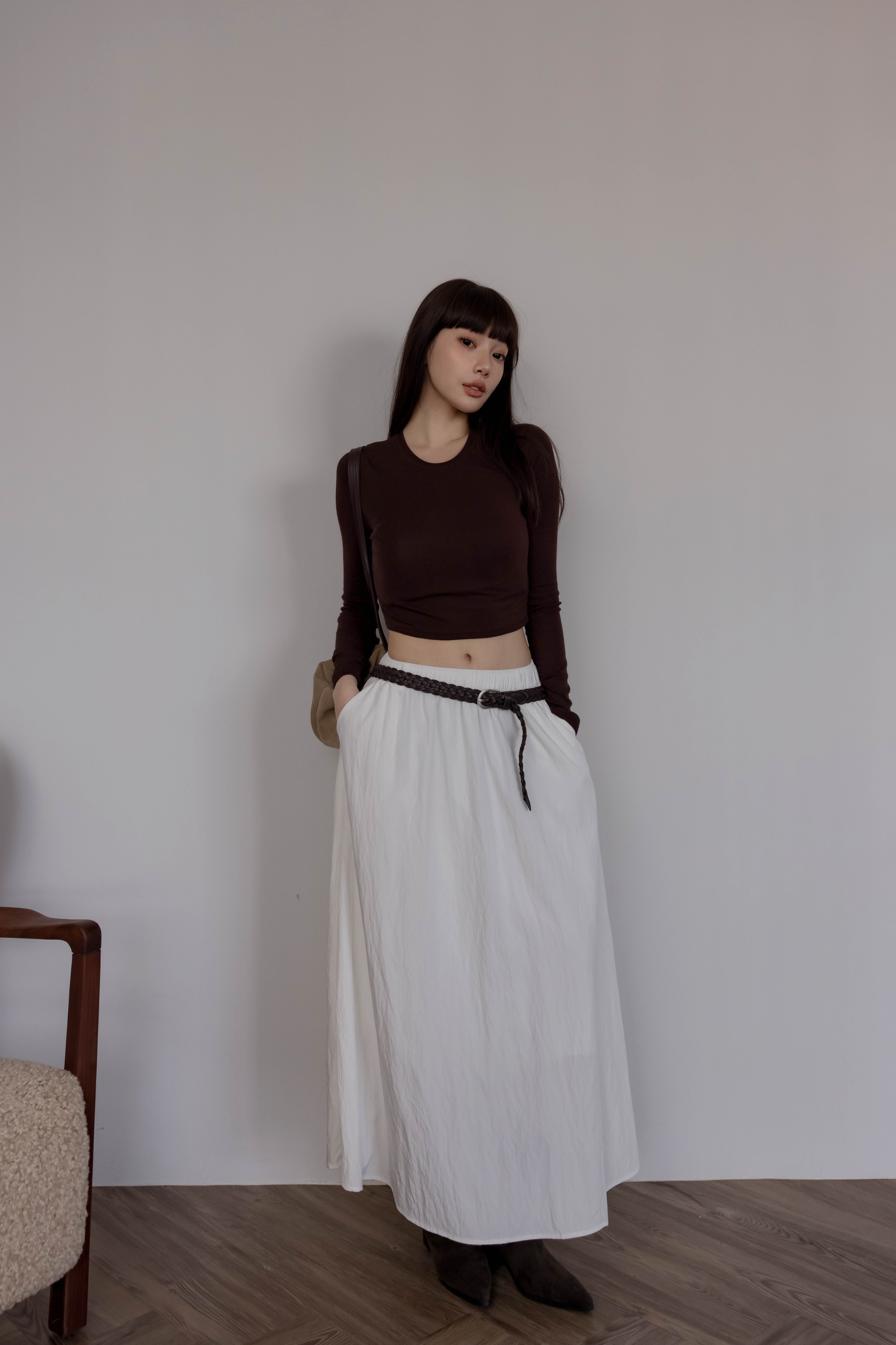 (預購)#AW21傘擺紋理長裙(黑/白)