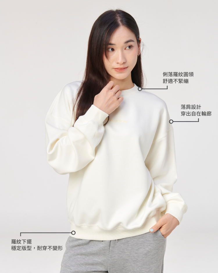 SLOWMODE 女款奶油米白寬鬆圓領大學T 商品細節