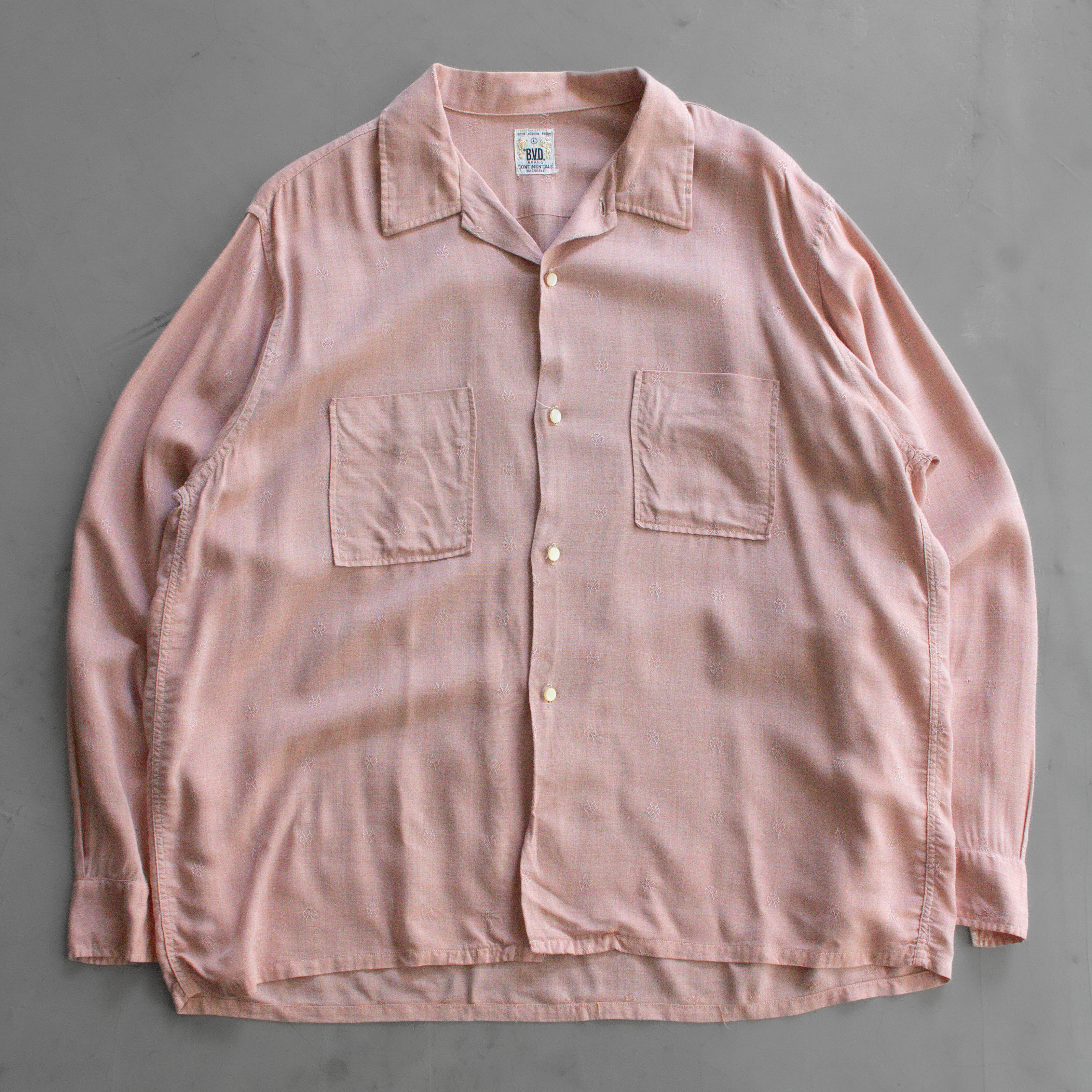 50S VINTAGE RAYON OPEN SHIRT 美國製 粉紅 開領 嫘縈 長袖 襯衫